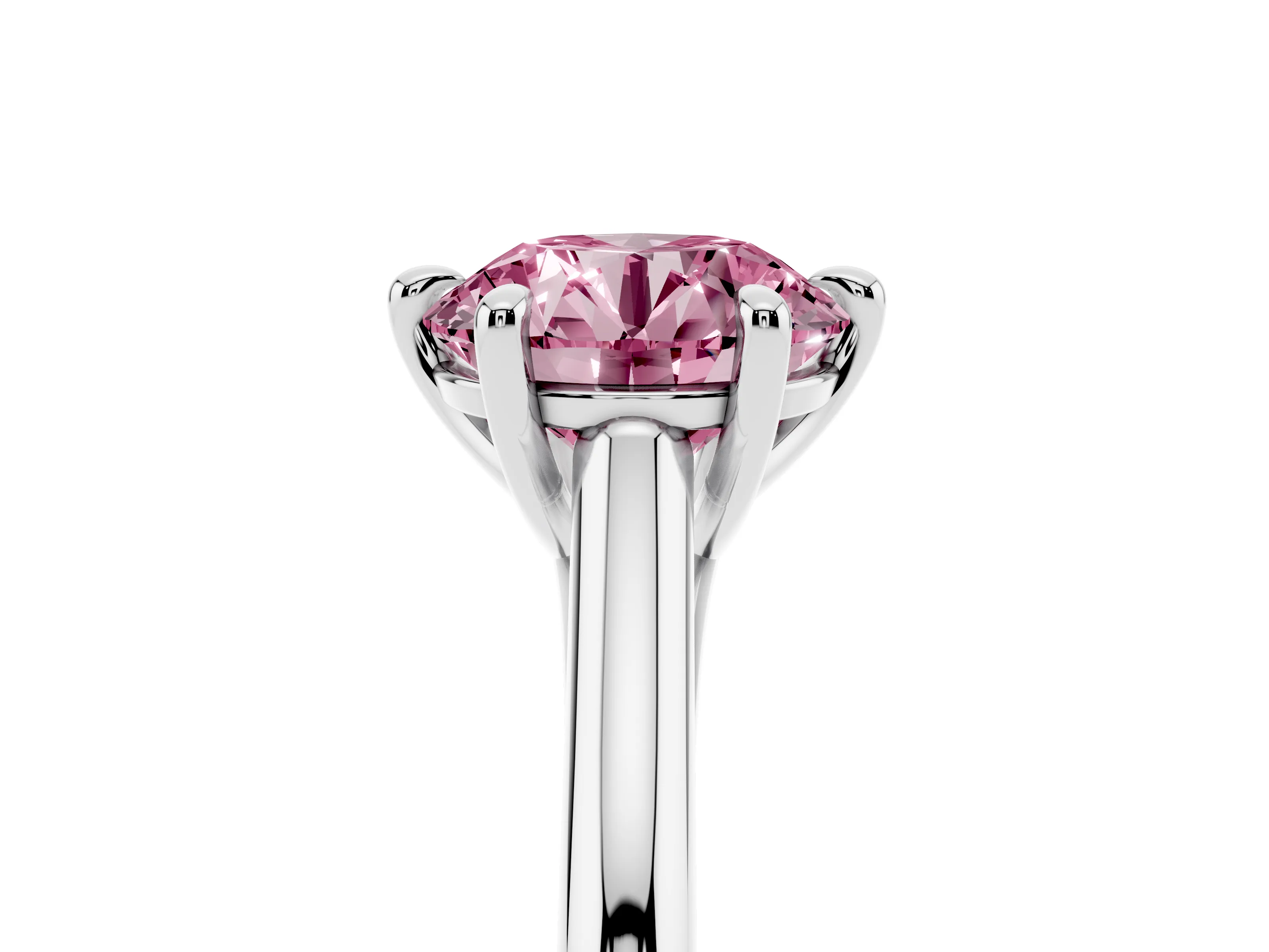 Fancy Pink Round Cut Diamond Solitaire Engagement Ring Set in Platinum with Prong Setting and Plain Classic Band
