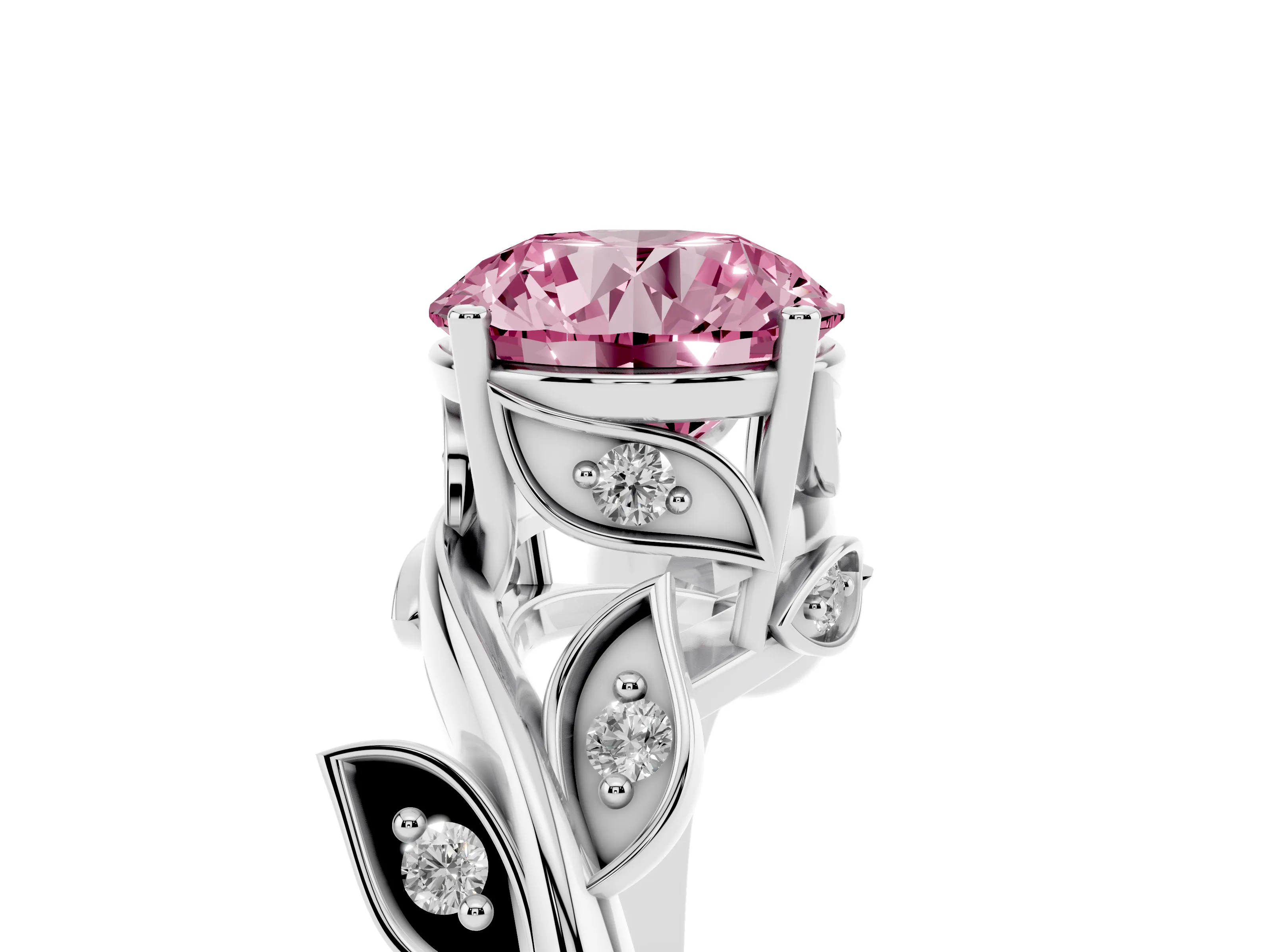 Fancy Pink Round Cut Diamond Solitaire Twist Engagement Ring Set in Platinum with Pavé Leaf Accents