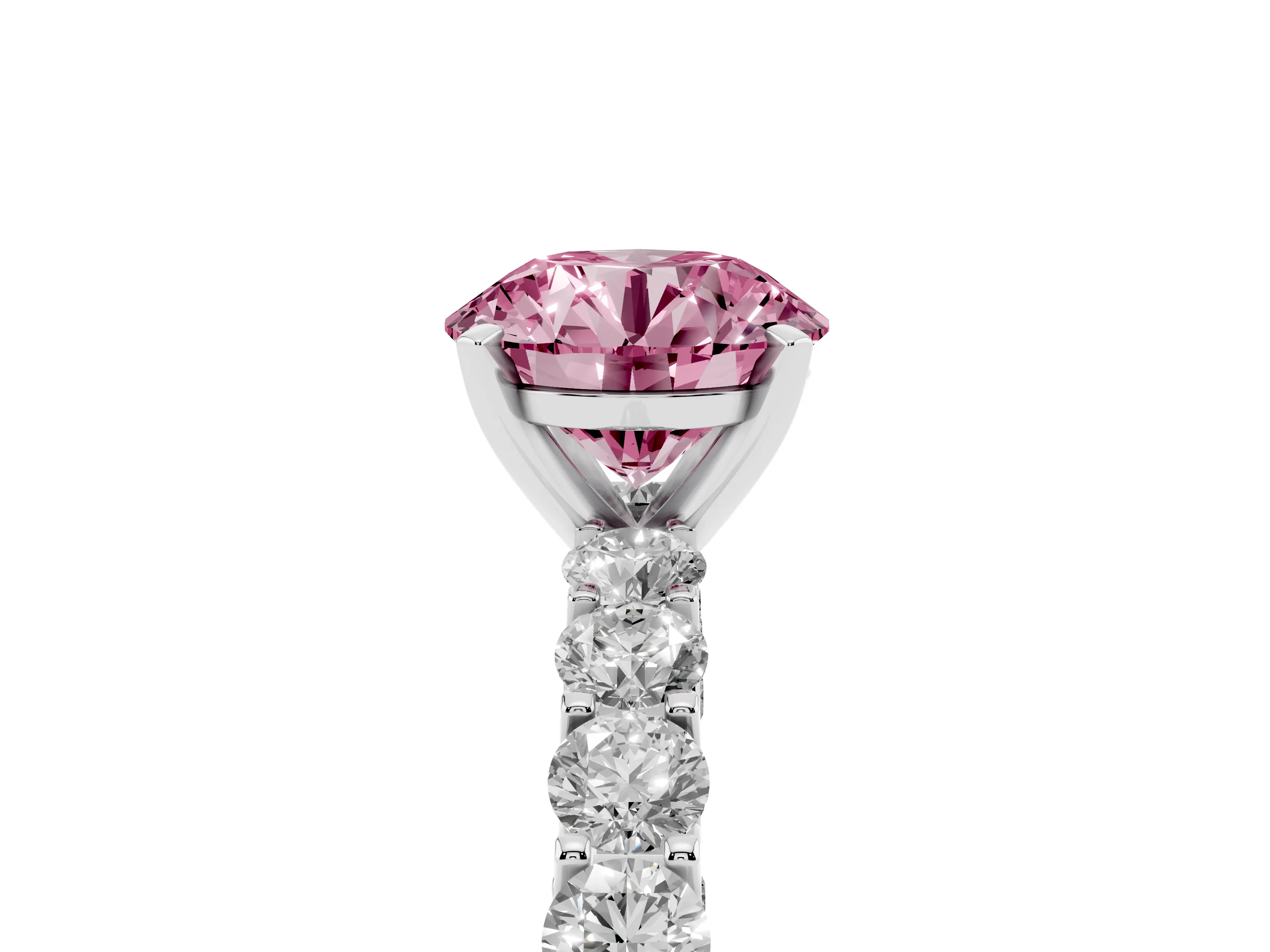 Fancy Pink Round Cut Diamond Solitaire Ring Set in Silver with Shared Prong Pavé Band