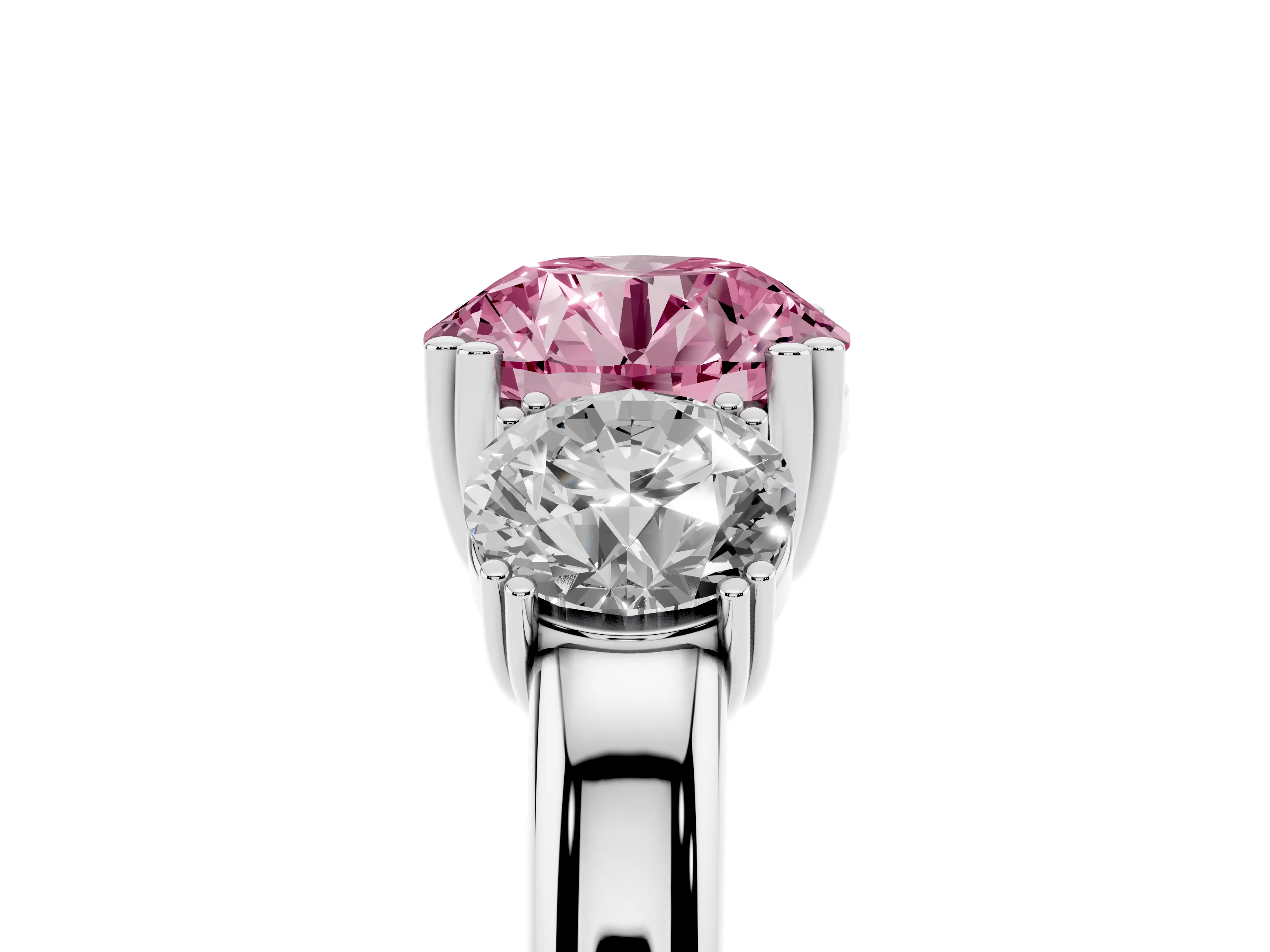 Fancy Pink Round Cut Diamond Three-Stone Ring Set in White gold with Polished Channel-Set Band