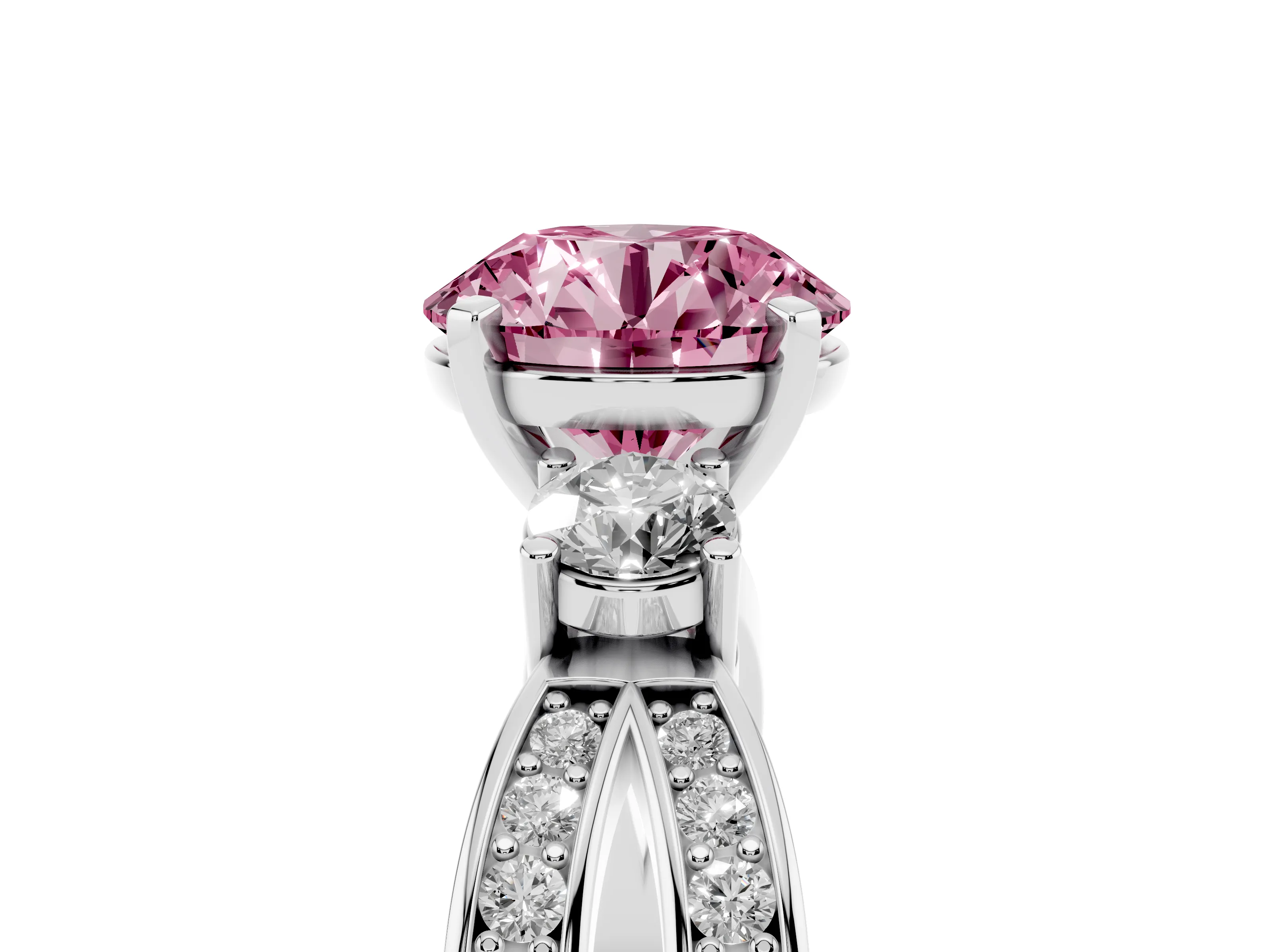 Fancy Pink Three-Stone Round Cut Diamond Twist Band Ring Set in Platinum with Pavé Accents and Prong Setting