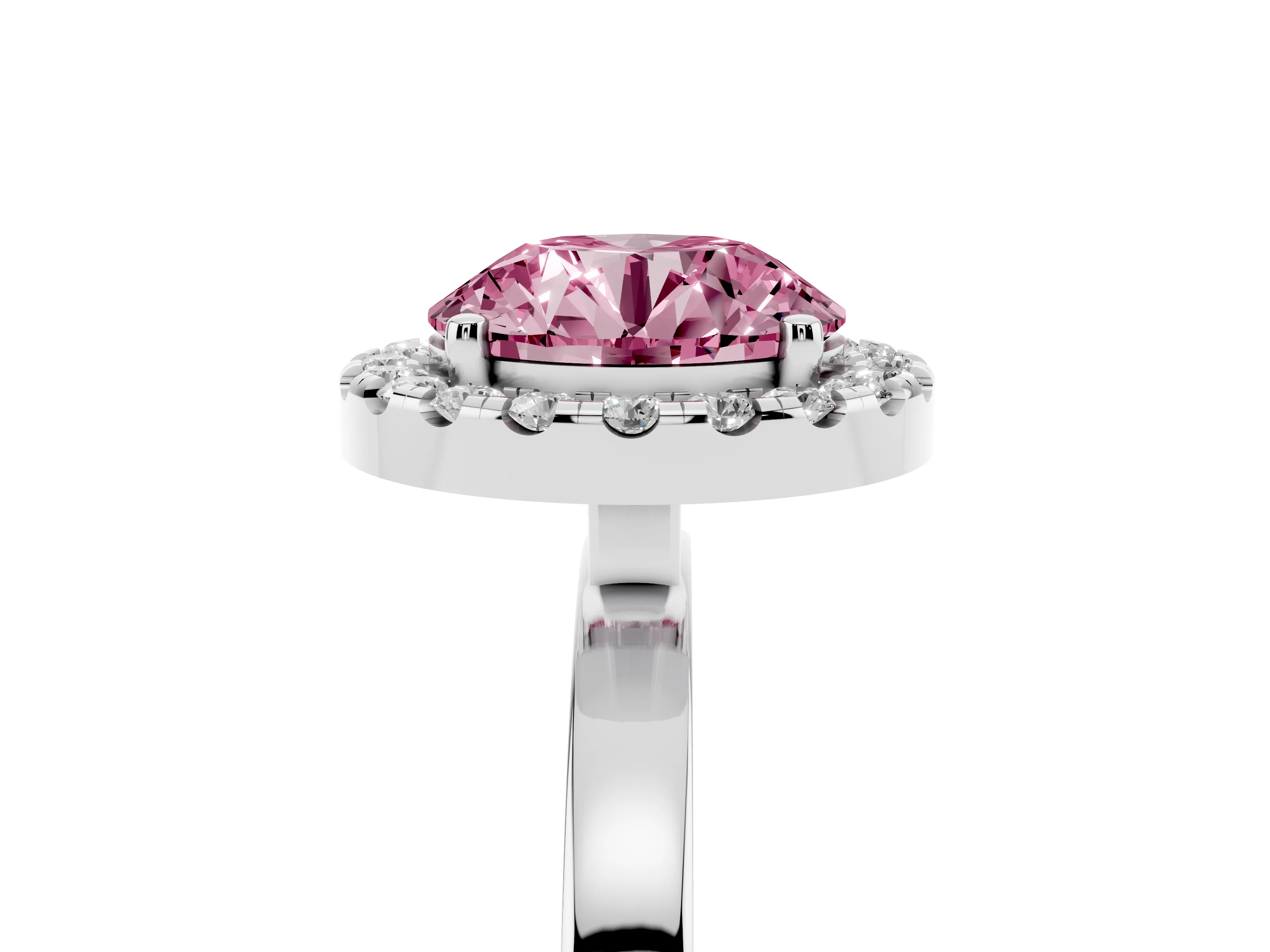 Fancy Pink Round Cut Diamond Halo Solitaire Ring Set in Platinum with Pavé Band and Prong Setting