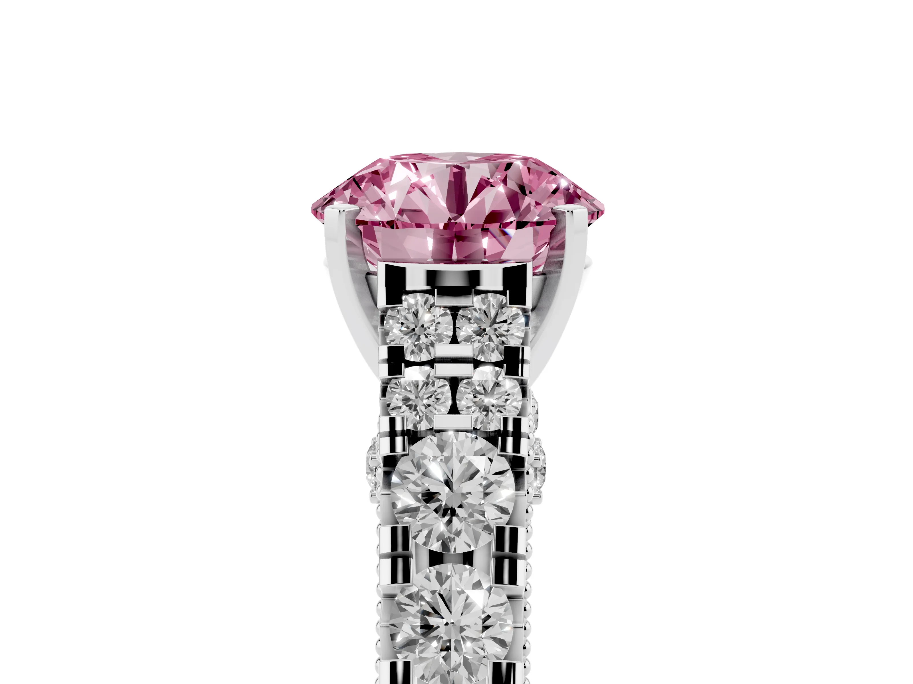 Fancy Pink Round Cut Diamond Classic Solitaire Ring Set in Platinum with Pavé Band and Prong Setting