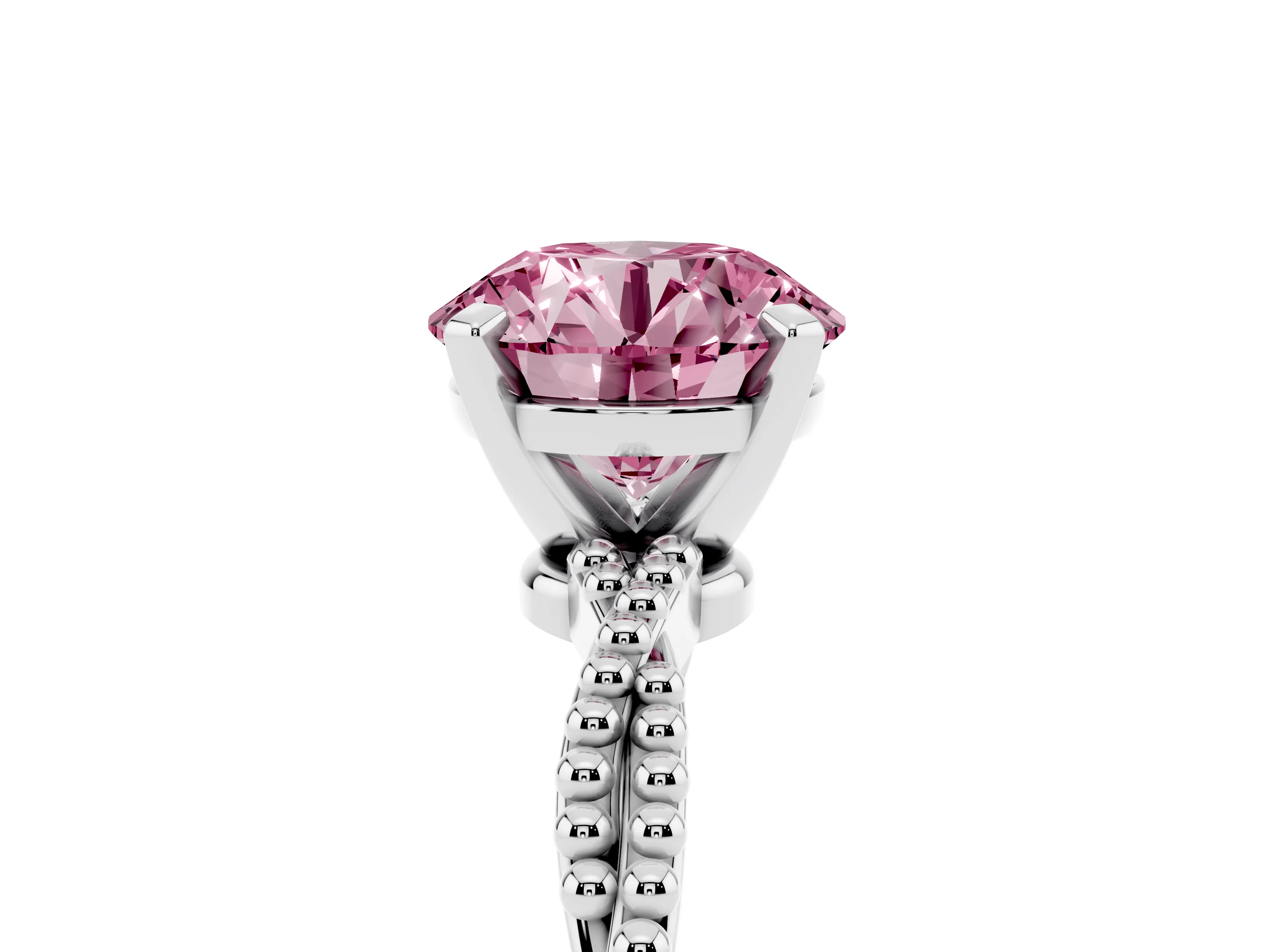 Fancy Pink Round Cut Diamond Solitaire Ring Set in Silver with Twisted Band and Bead Prong Setting