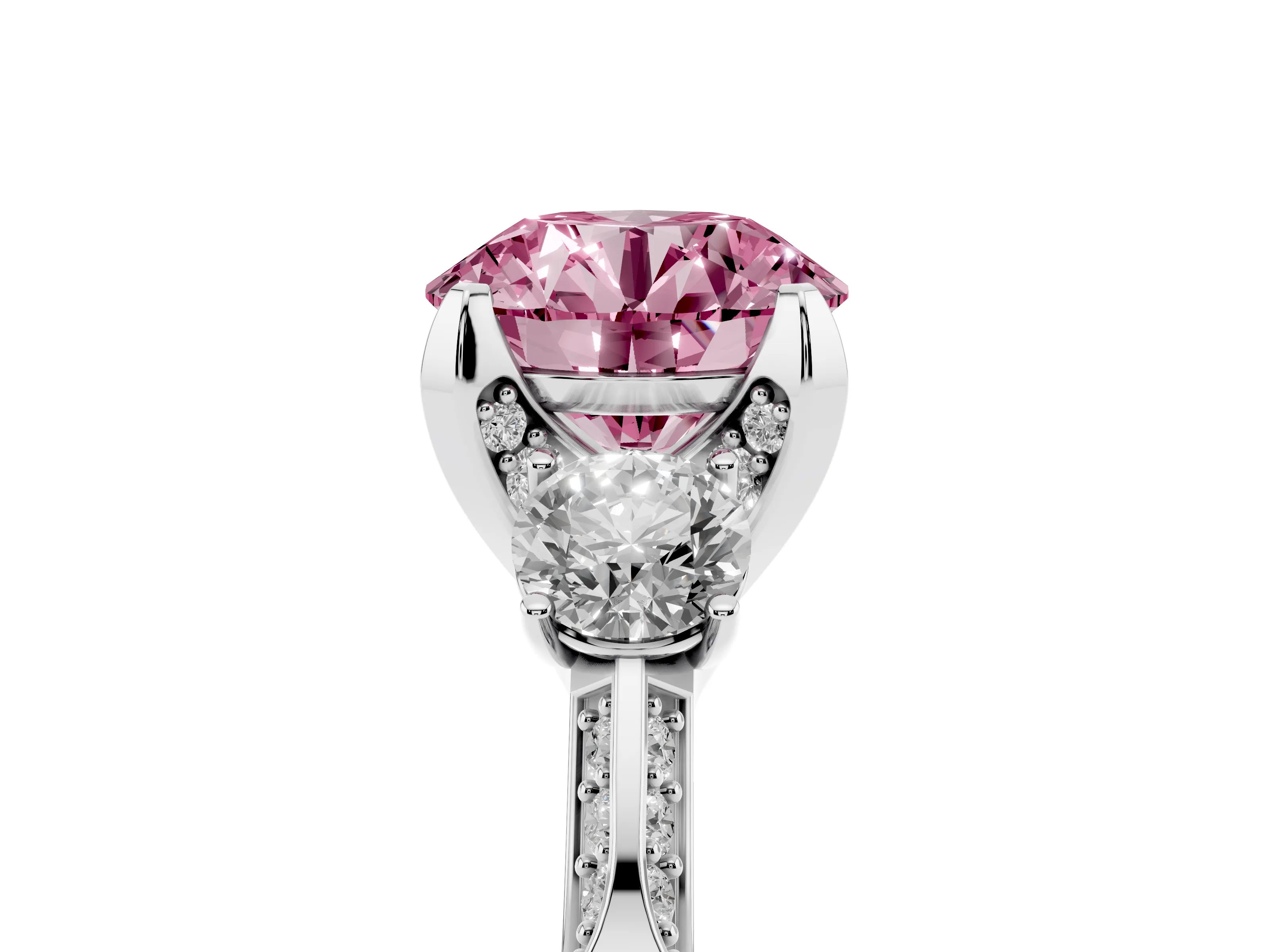 Fancy Pink Round Cut Diamond Three-Stone Ring Set in Platinum with Pavé Band and Smaller Side Stones