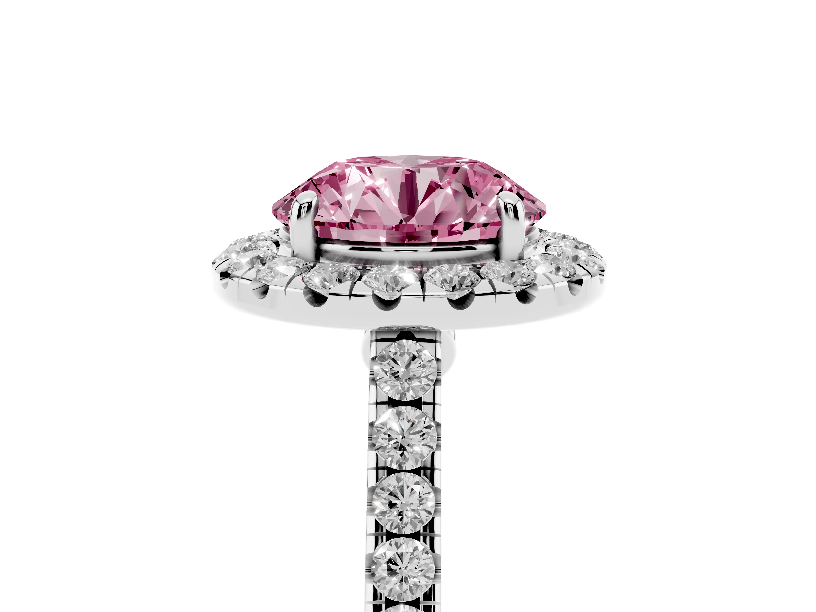 Fancy Pink Round Cut Diamond Halo Pavé Engagement Ring Set in White gold with Prong Setting