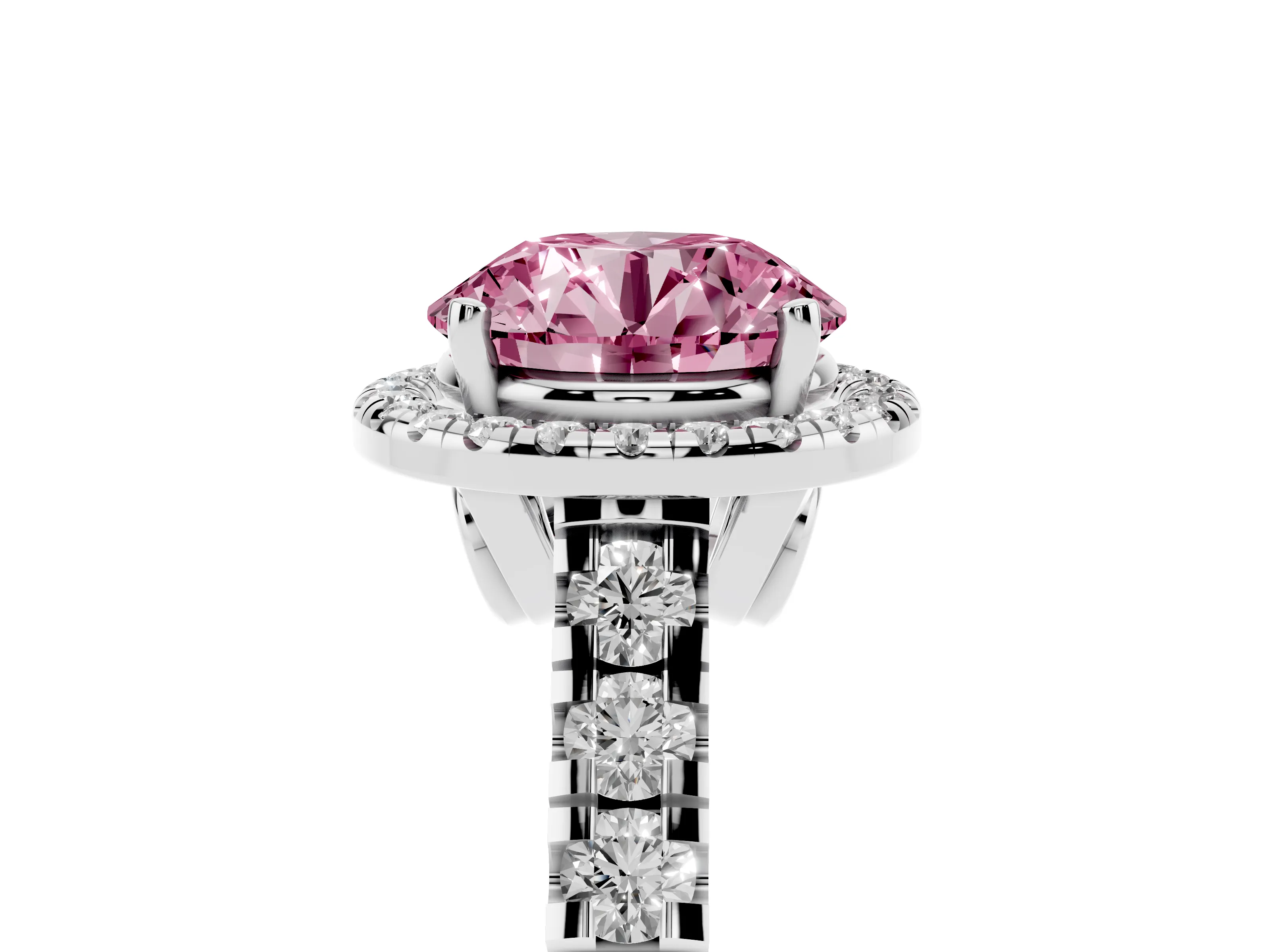 Fancy Pink Round Cut Diamond Halo Engagement Ring Set in Platinum with Pavé Band and Prong-Set Center