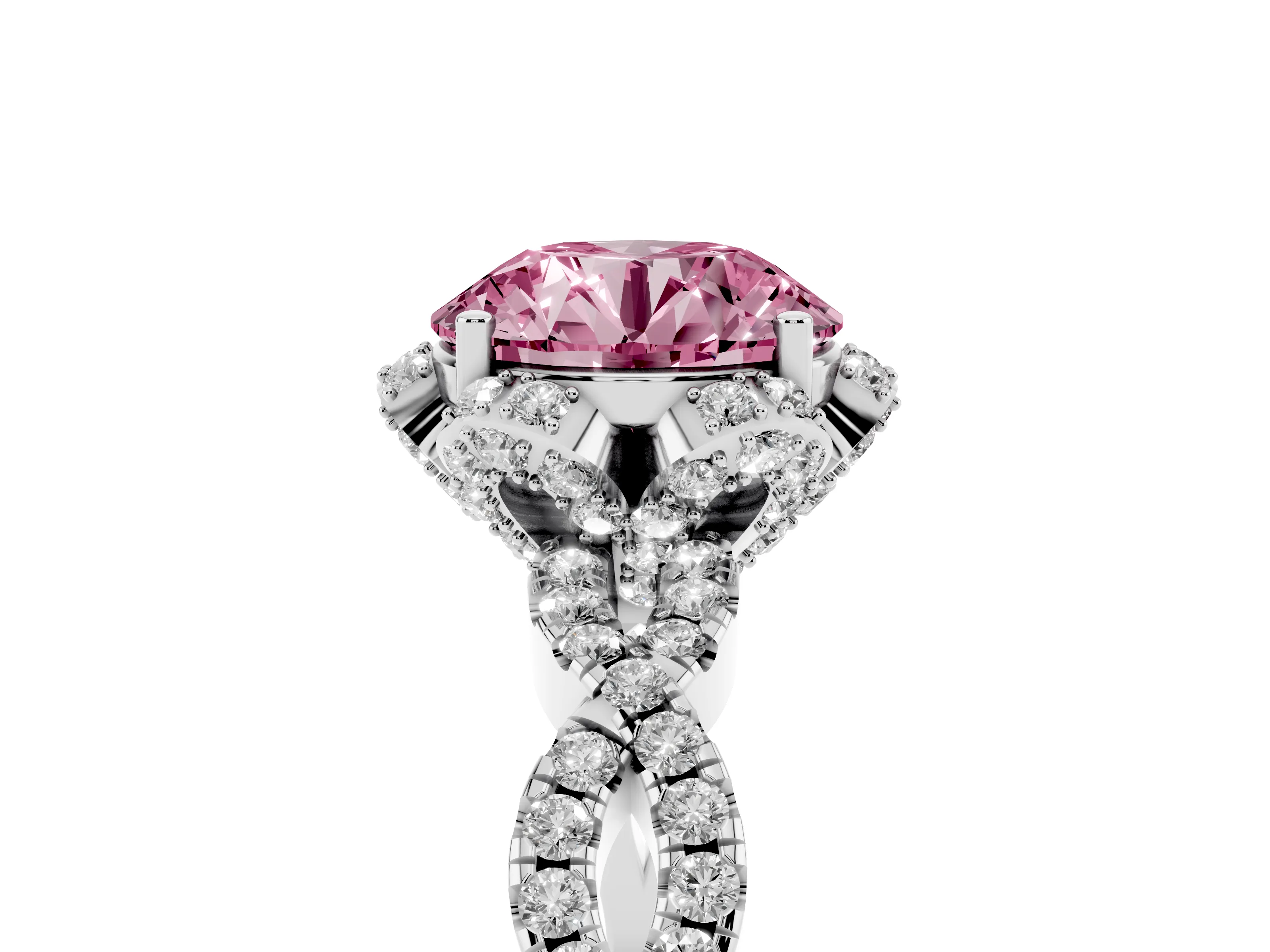 Fancy Pink Round Cut Diamond Halo Twist Band Solitaire Ring Set in White gold with Prong-Set Center Stone