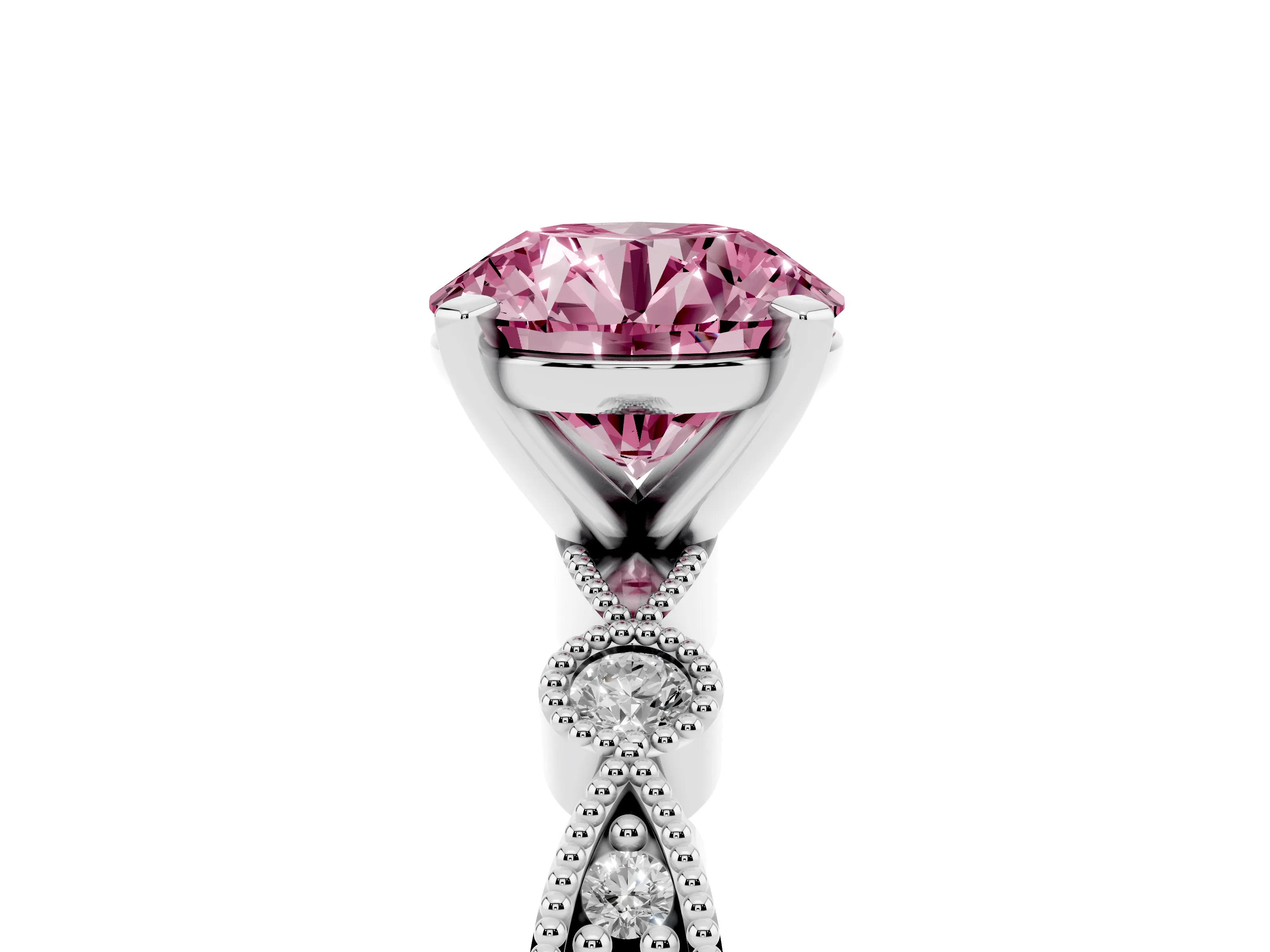 Fancy Pink Round Cut Diamond Solitaire Engagement Ring Set in Silver with Milgrain Bezel Accent Band