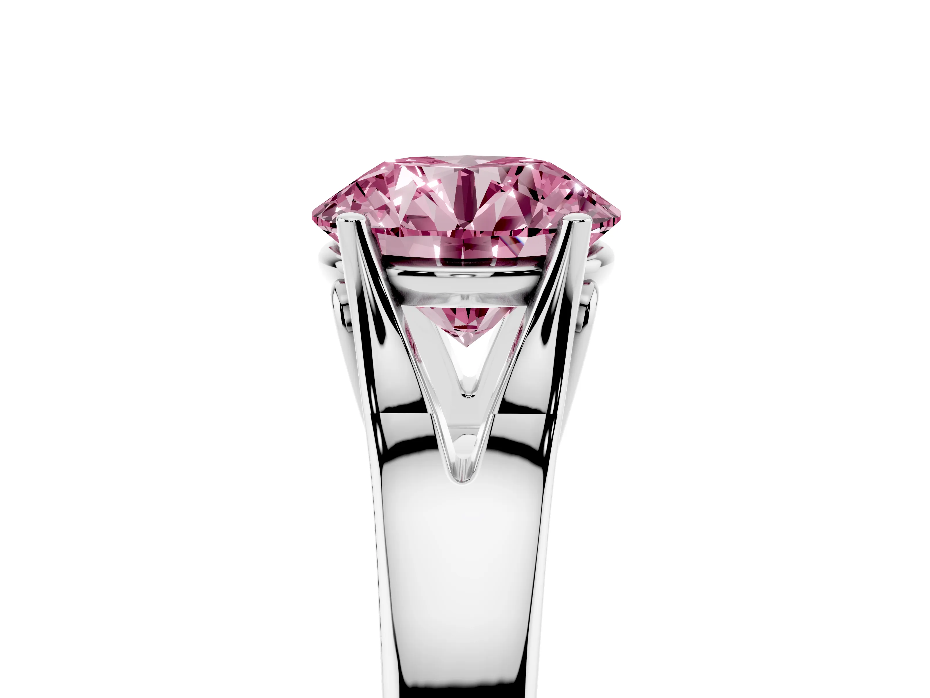 Fancy Pink Round Cut Diamond Solitaire Ring Set in White gold with Arched Cathedral Band and Prong Setting
