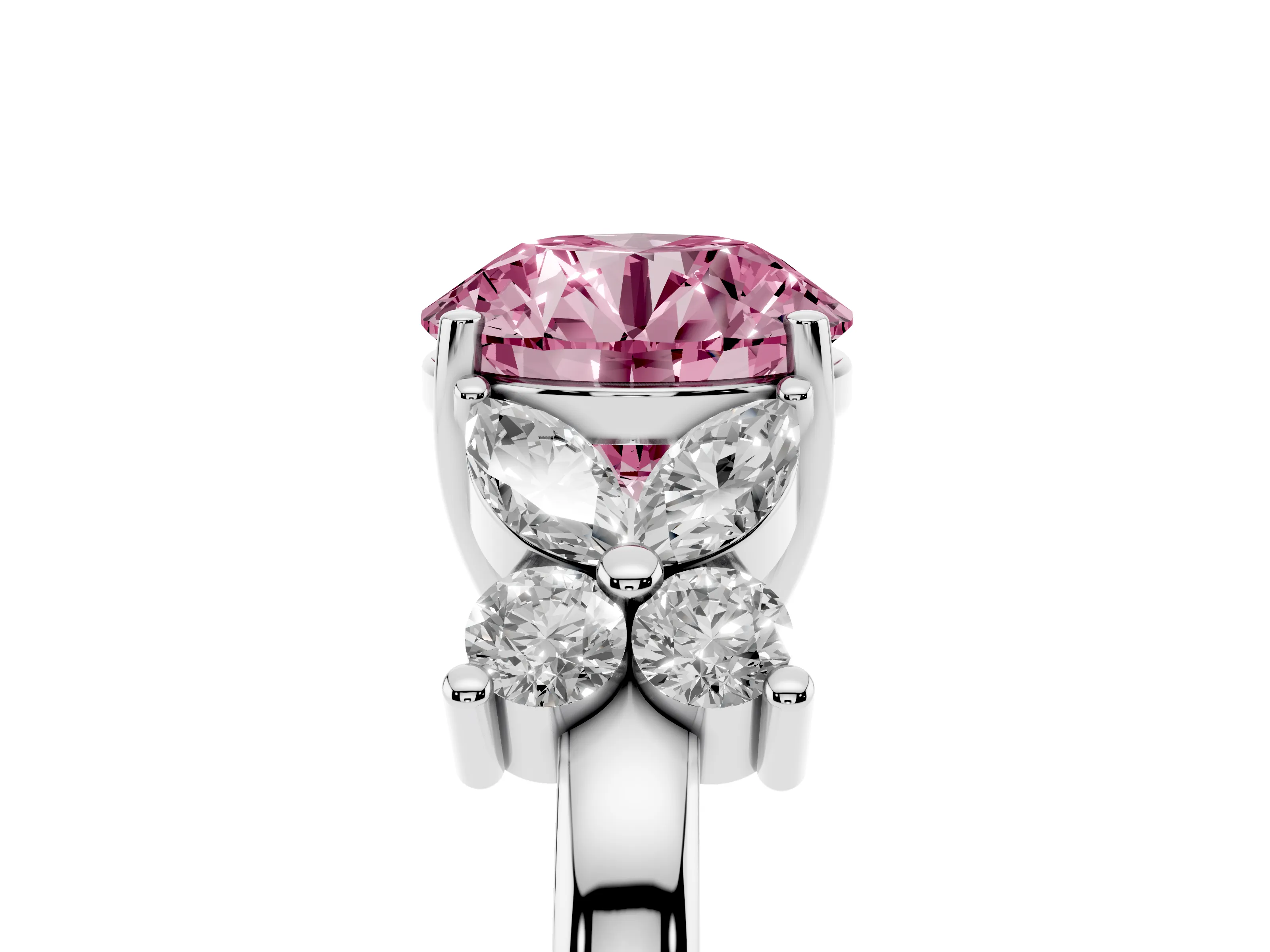 Fancy Pink Round Cut Diamond Floral Cluster Ring Set in Platinum with Marquise Petals and Prong Setting