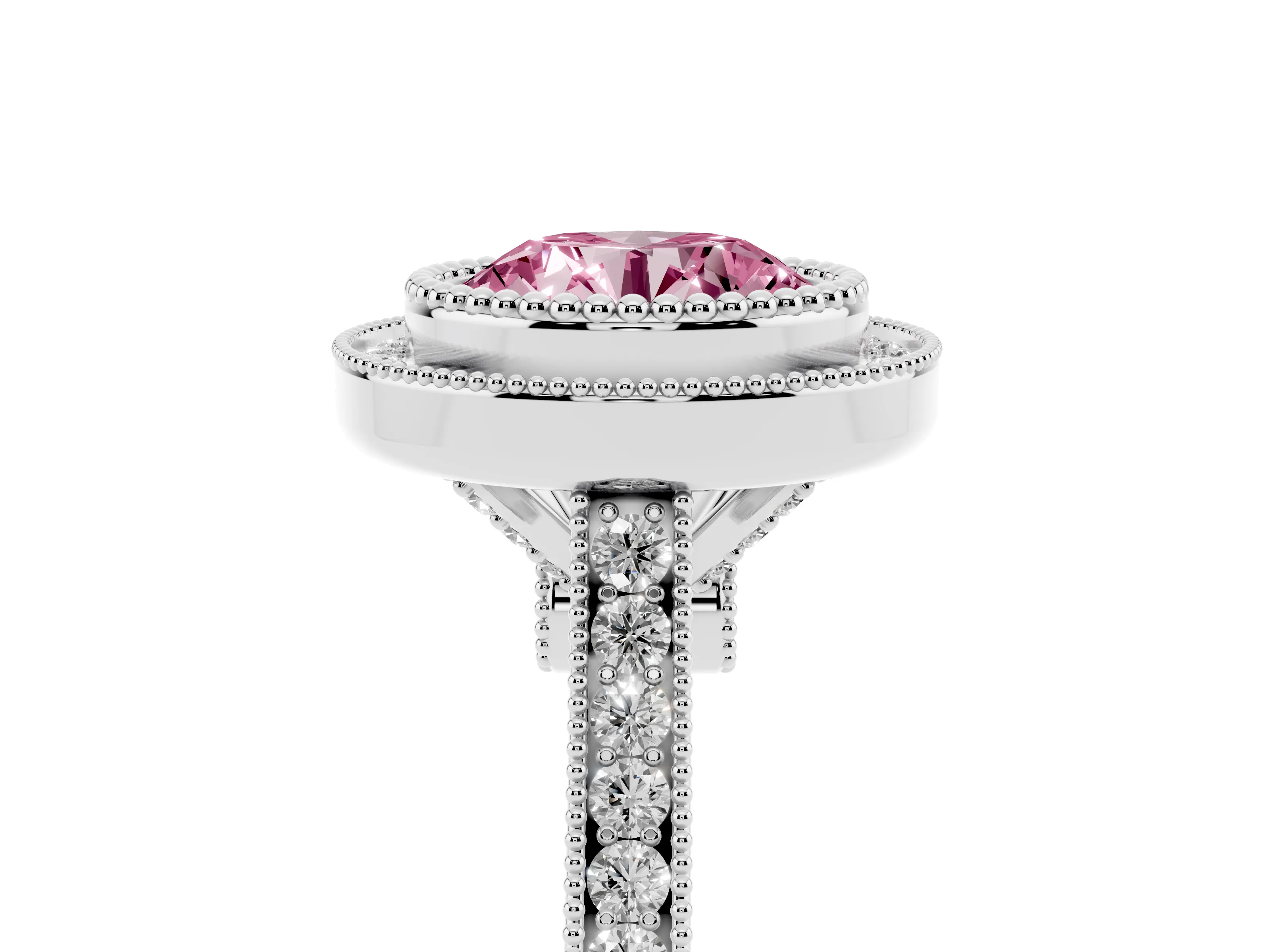 Fancy Pink Round Cut Diamond Halo Ring Set in White gold with Milgrain Frame and Pavé Band