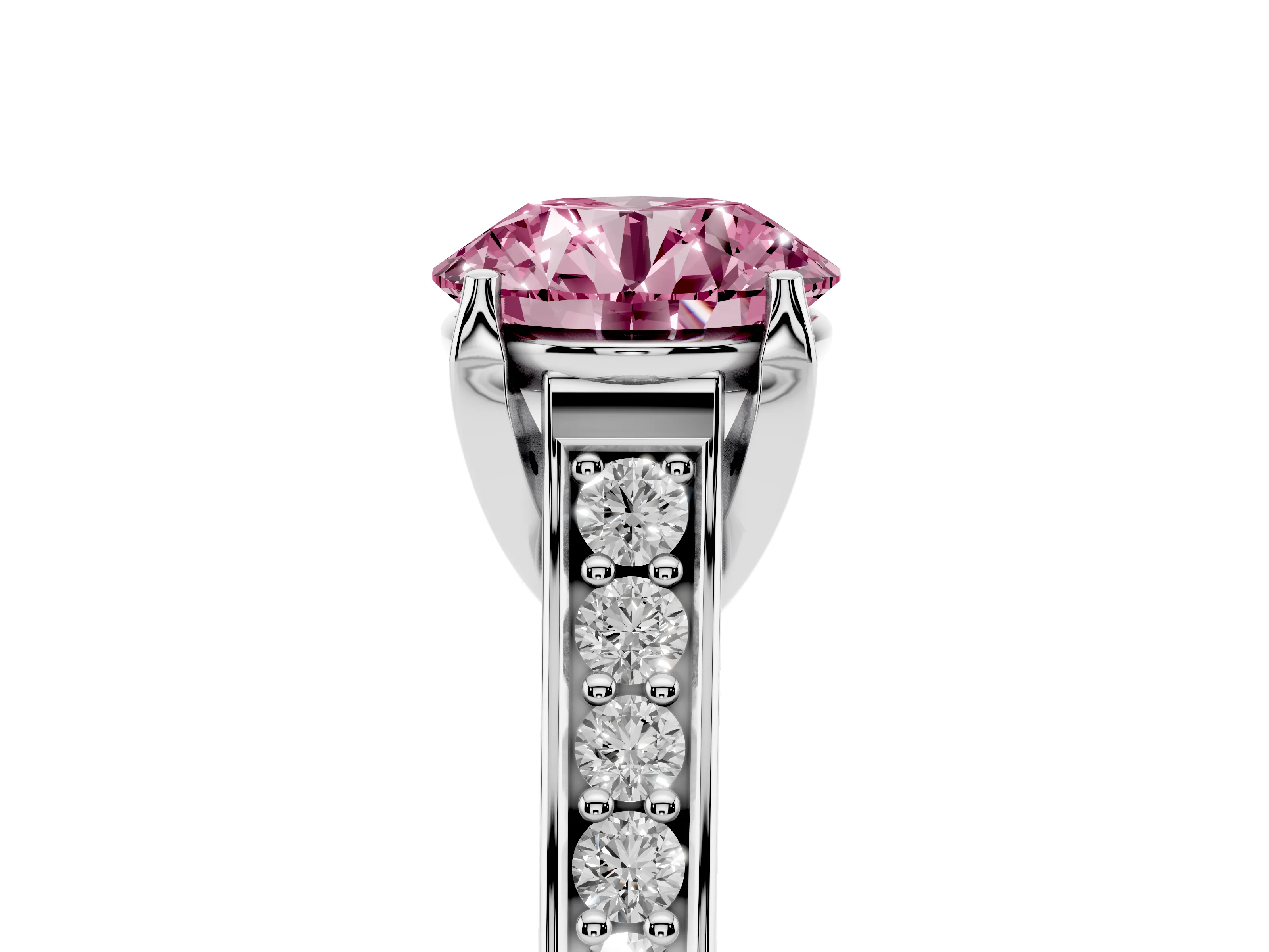 Fancy Pink Round Cut Diamond Solitaire Pavé Engagement Ring Set in White gold with Prong Setting