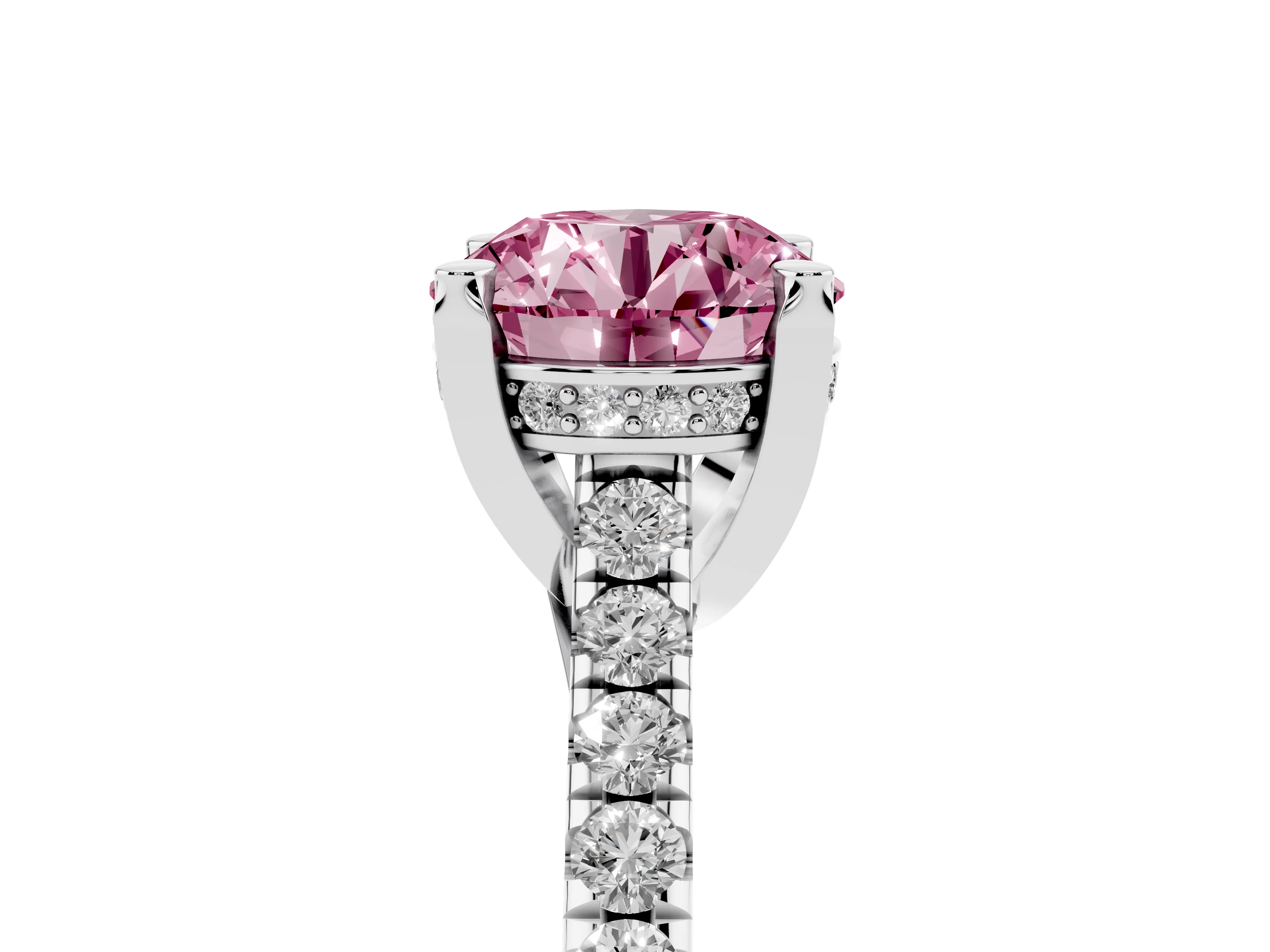 Fancy Pink Round Cut Diamond Solitaire Ring Set in Platinum with Brilliant Pavé Band and Prong Setting