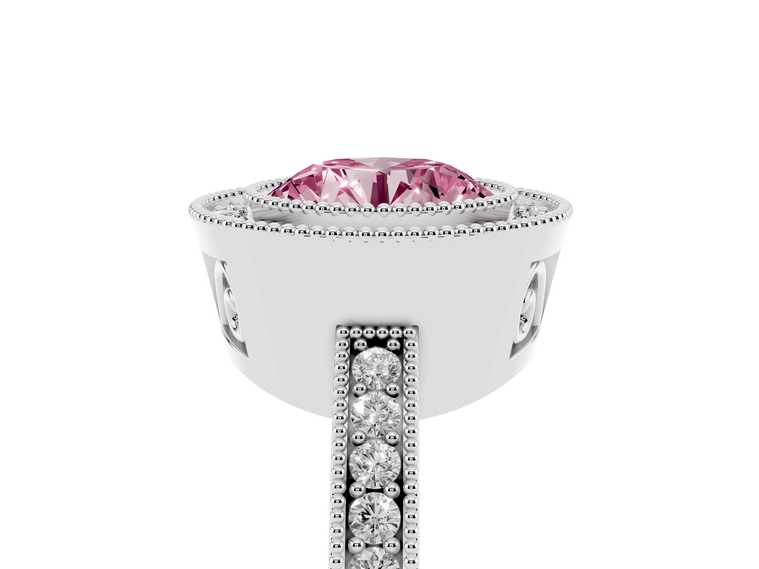 Fancy Pink Round Cut Diamond Round Halo Ring Set in White gold with Pavé Band