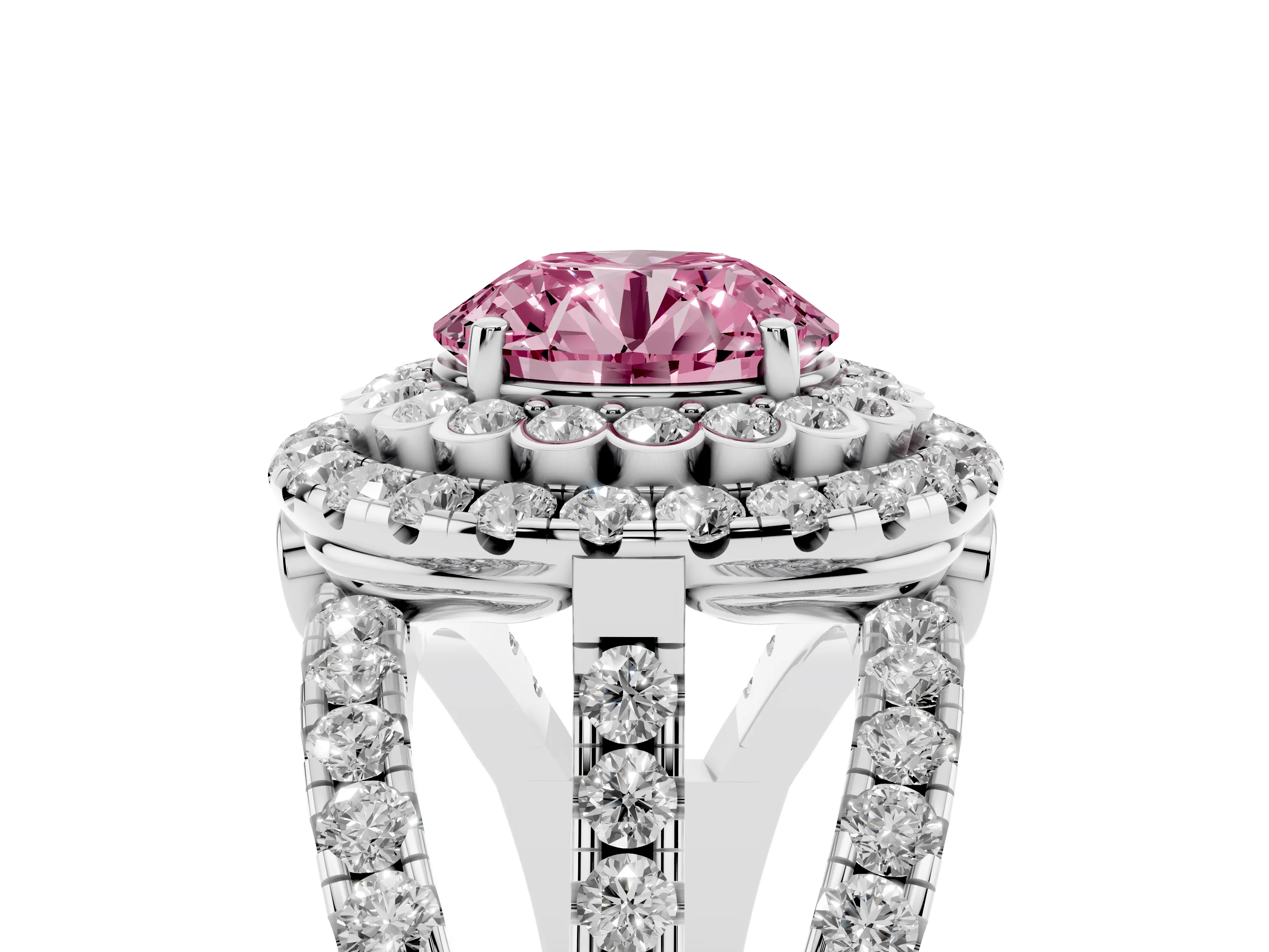 Fancy Pink Round Cut Diamond Double Halo Ring Set in White gold with Round Pavé Split Shank