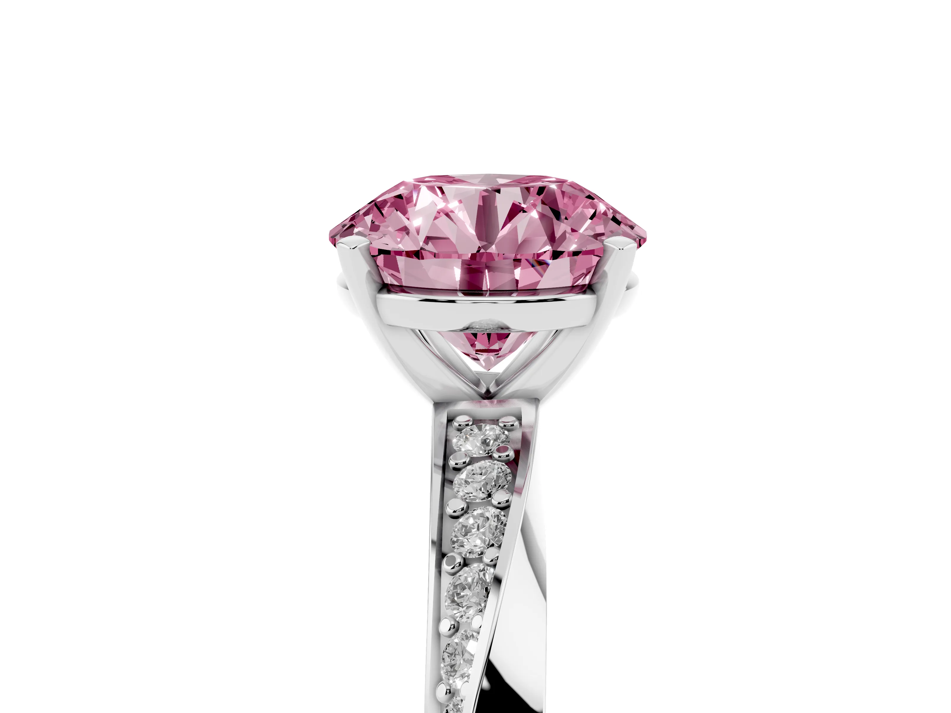Fancy Pink Round Cut Diamond Engagement Ring Set in Silver with Side Stone Accents and Prong Setting