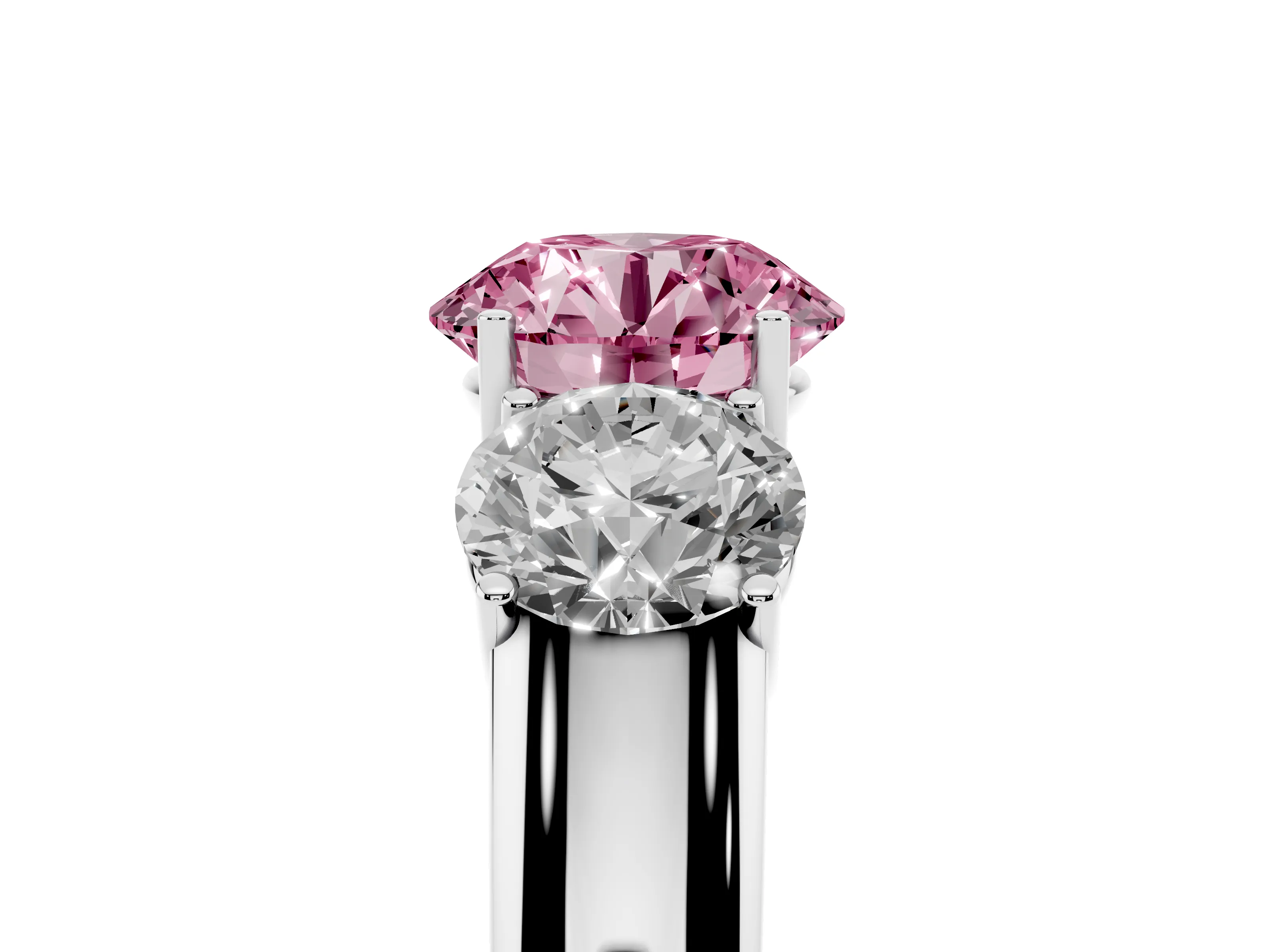 Fancy Pink Three-Stone Round Cut Diamond Ring Set in White gold with Matching Prong Settings and Plain Band