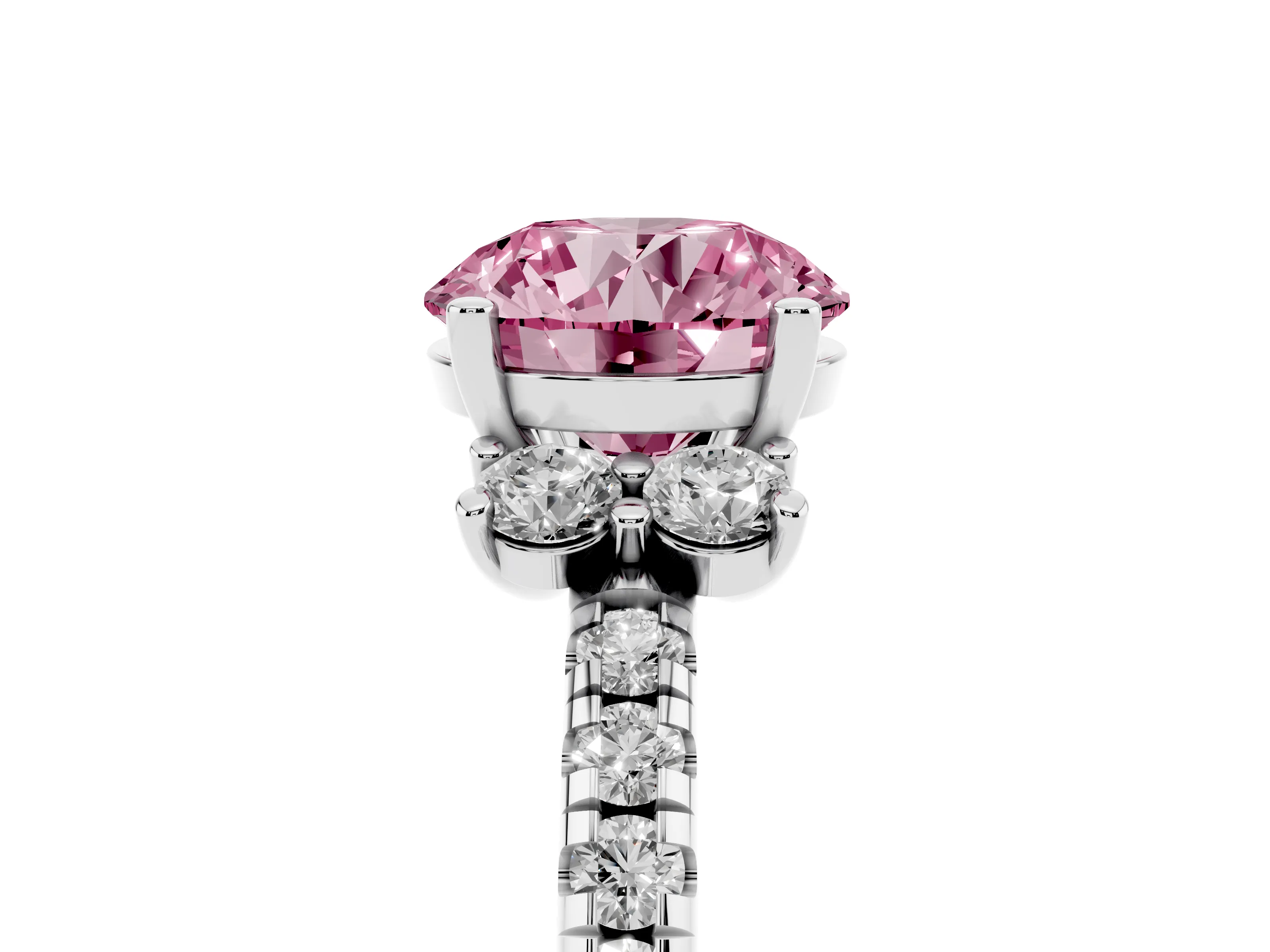 Fancy Pink Round Cut Diamond Three-Stone Pavé Ring Set in Silver with Prong Setting