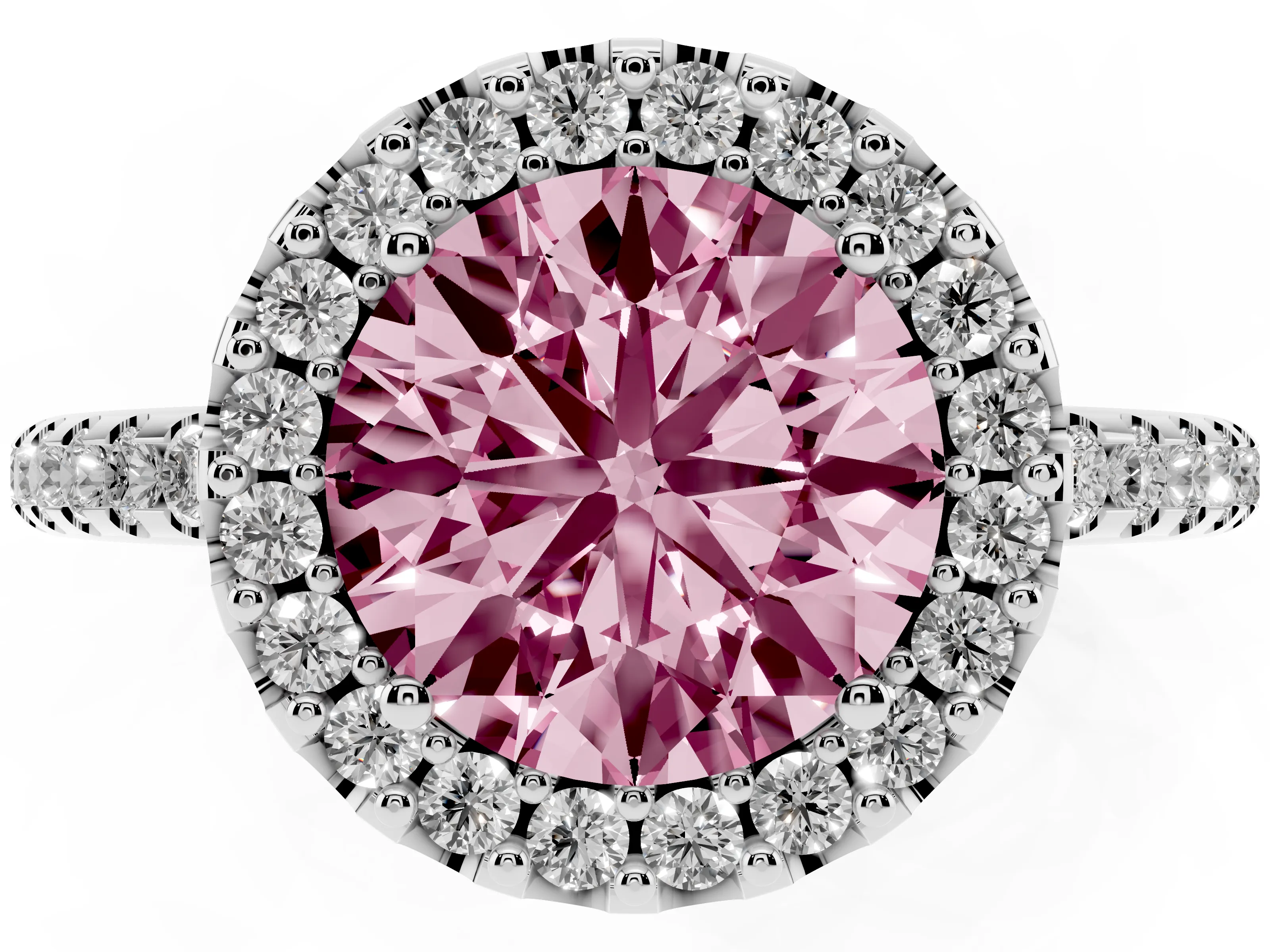 Fancy Pink Round Cut Diamond Pavé Halo Ring Set in Silver with Prong Setting