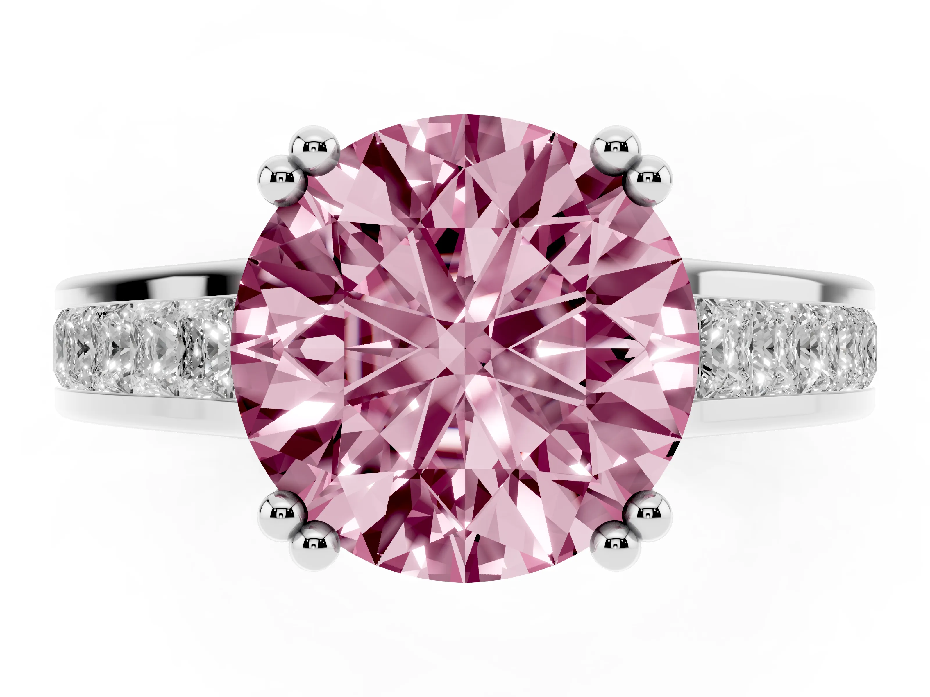 Fancy Pink Round Cut Diamond Channel Set Solitaire Engagement Ring Set in Silver with Prong Setting