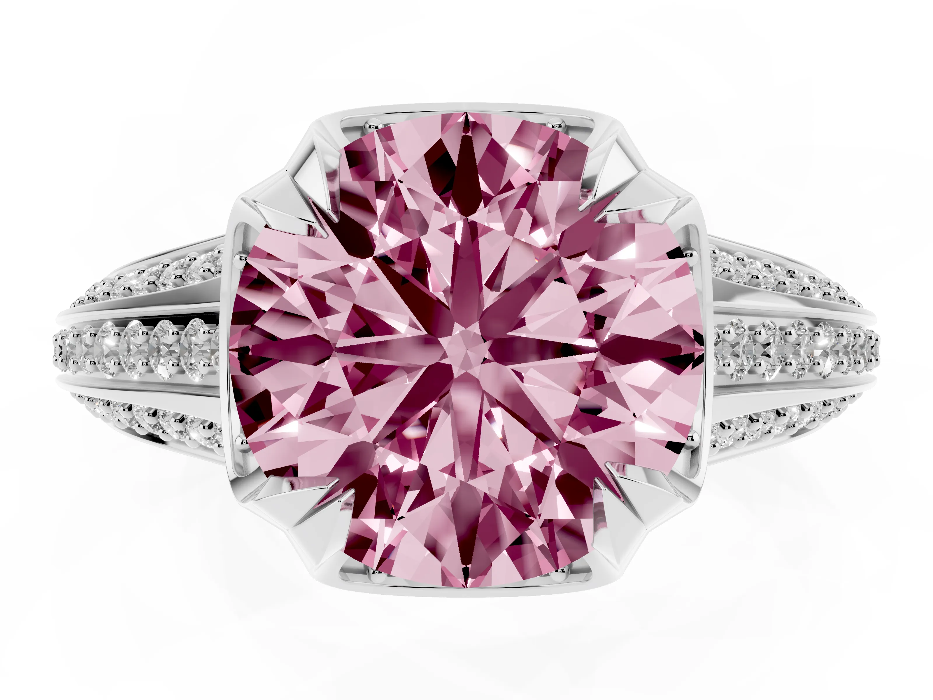 Fancy Pink Round Cut Diamond Pavé Split Shank Solitaire Ring Set in Platinum with Prong Setting
