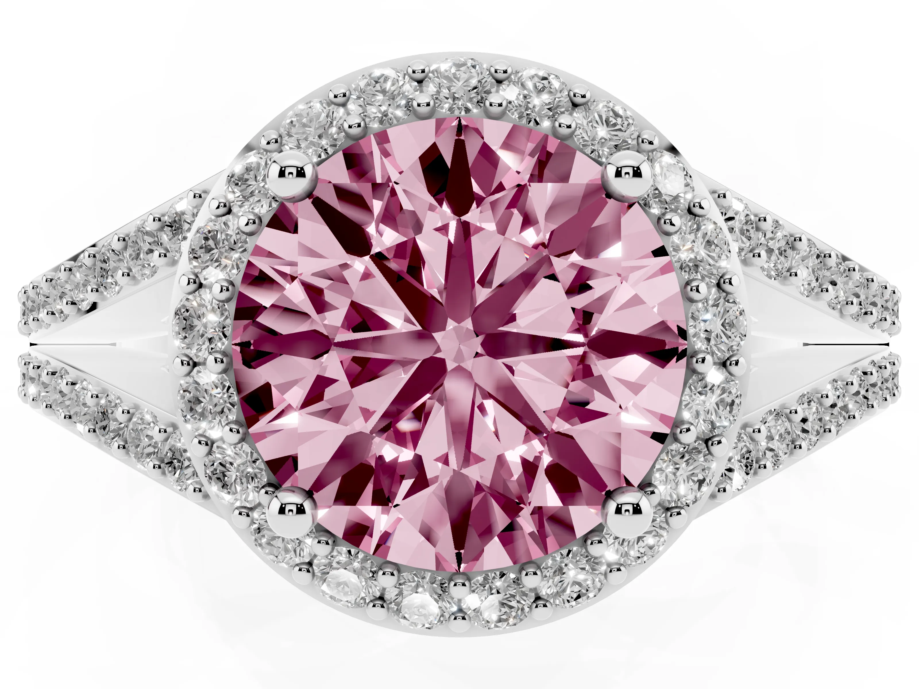Fancy Pink Round Cut Diamond Halo Split Shank Pavé Ring Set in Platinum with Prong Setting