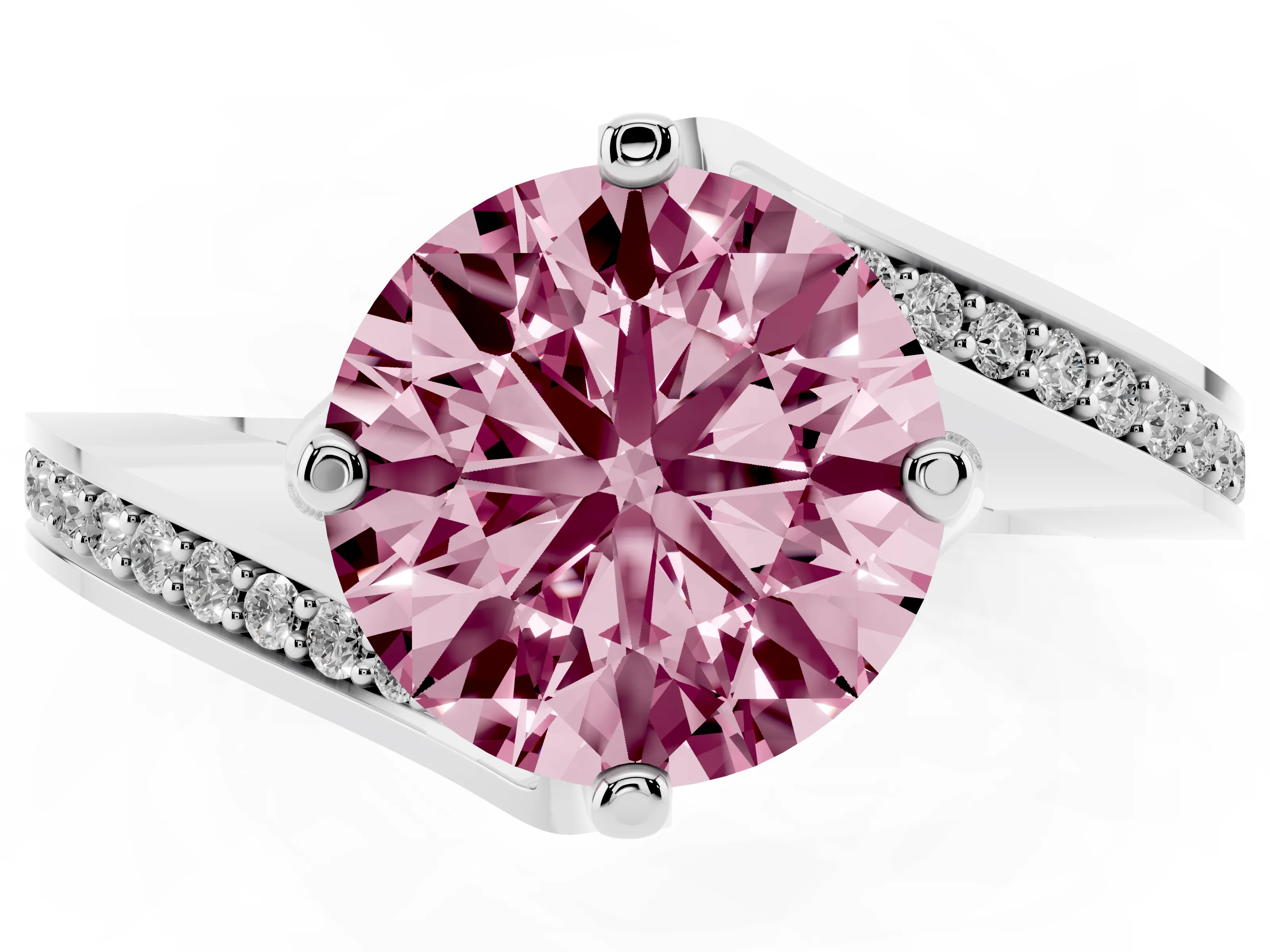 Fancy Pink Round Cut Diamond Solitaire Ring Set in Silver with Intertwined Pavé Twist Band