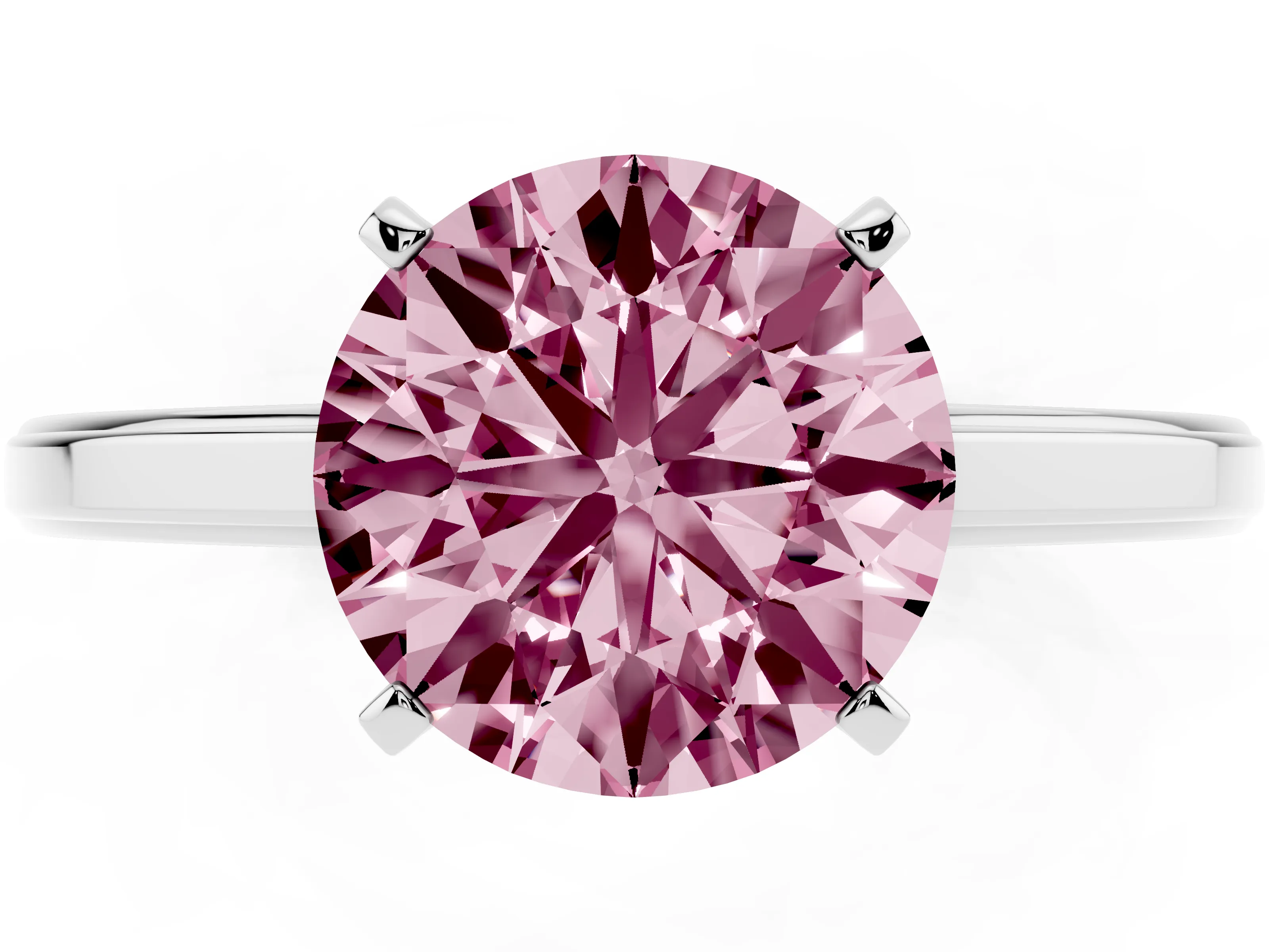 Fancy Pink Round Cut Diamond Solitaire Ring Set in Platinum with Prong Setting and Classic Band