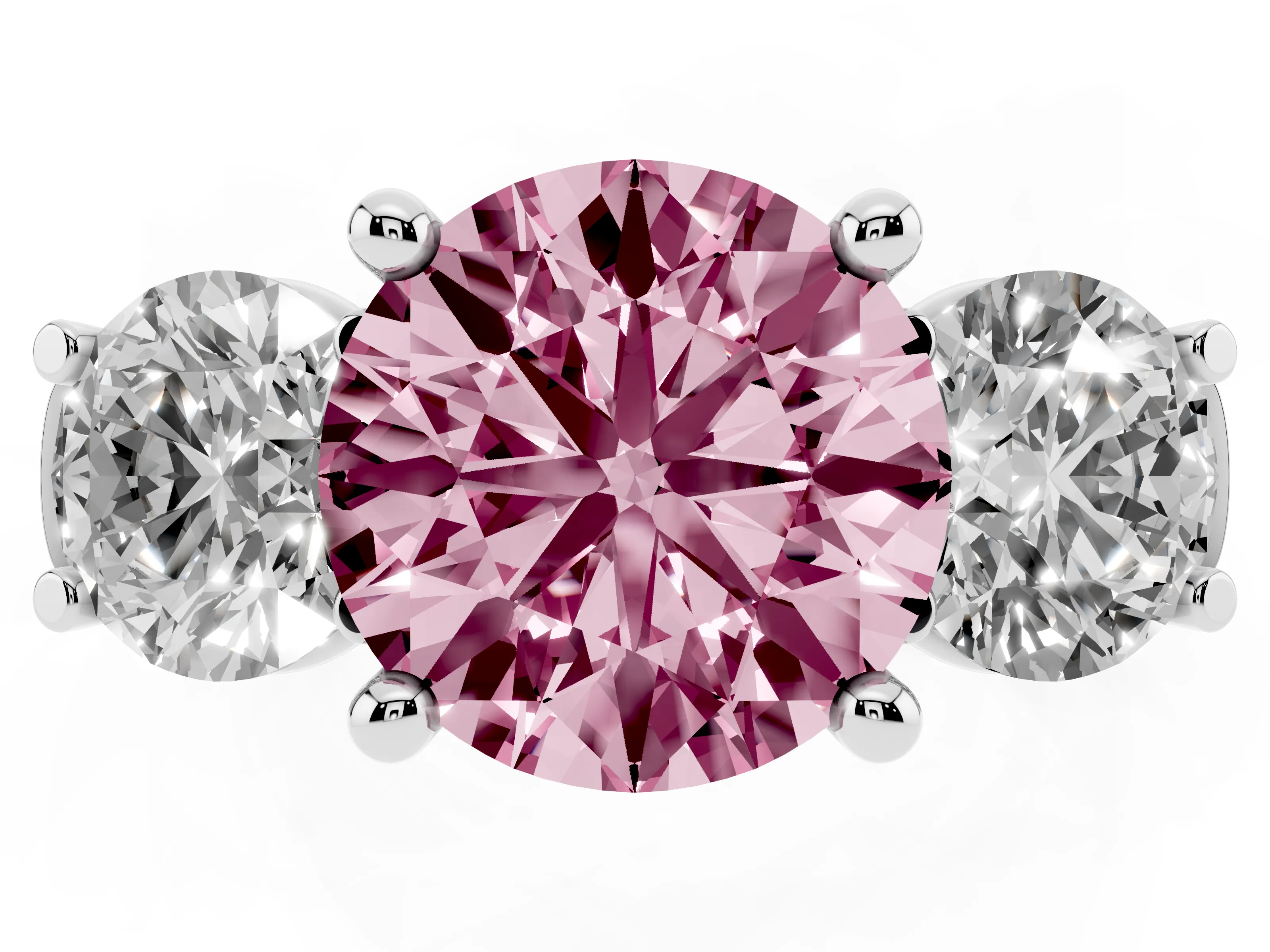 Fancy Pink Round Cut Diamond Three-Stone Trellis Ring Set in White gold with Comfort Fit Band