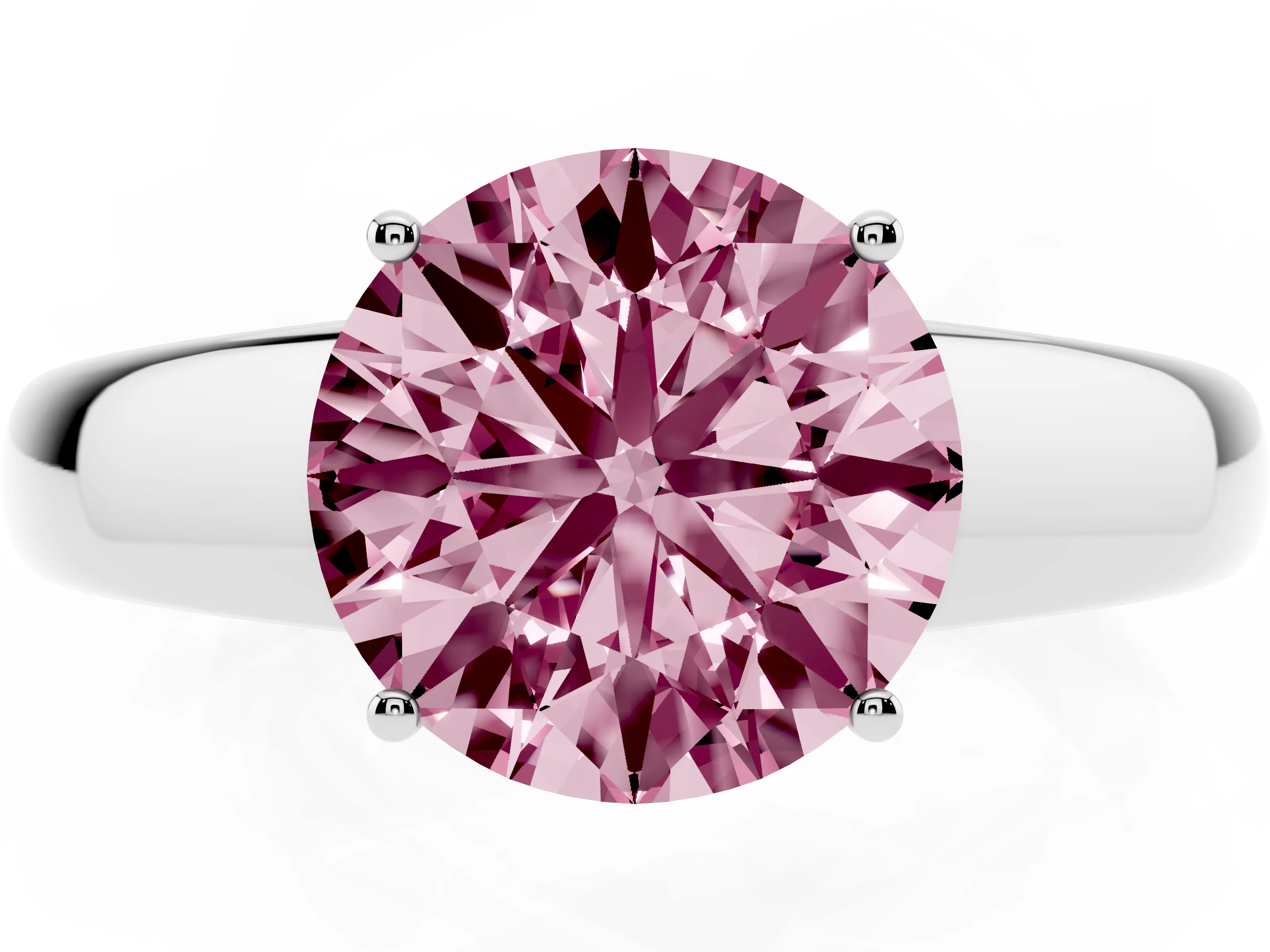 Fancy Pink Round Cut Diamond Solitaire Ring Set in Silver with Tapered Band and Prong Setting
