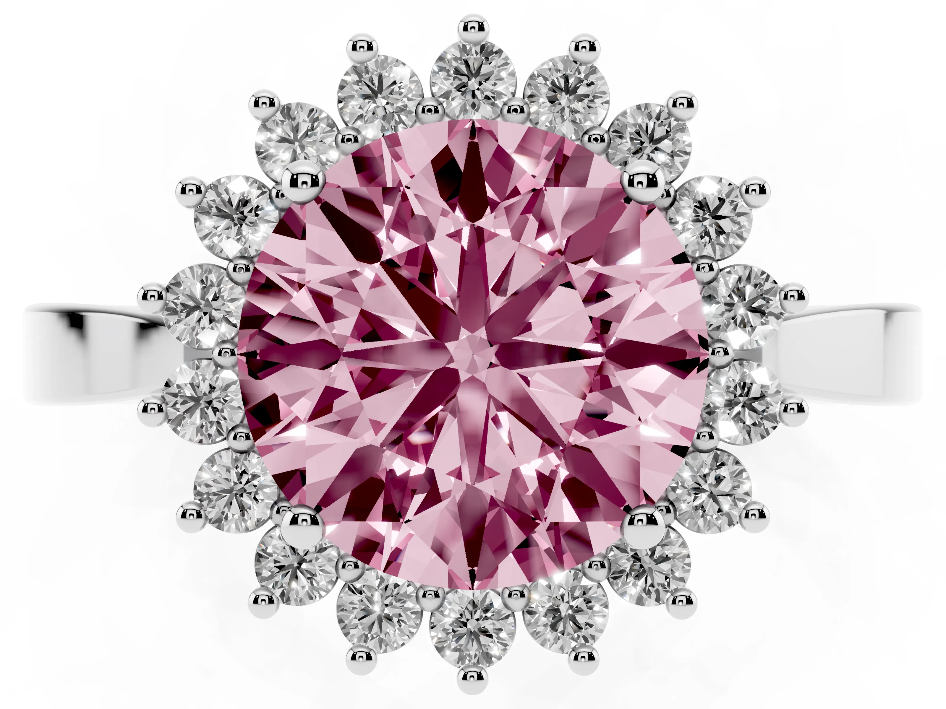 Fancy Pink Round Cut Diamond Halo Ring Set in Platinum with Round Halo and Smooth Solitaire Band