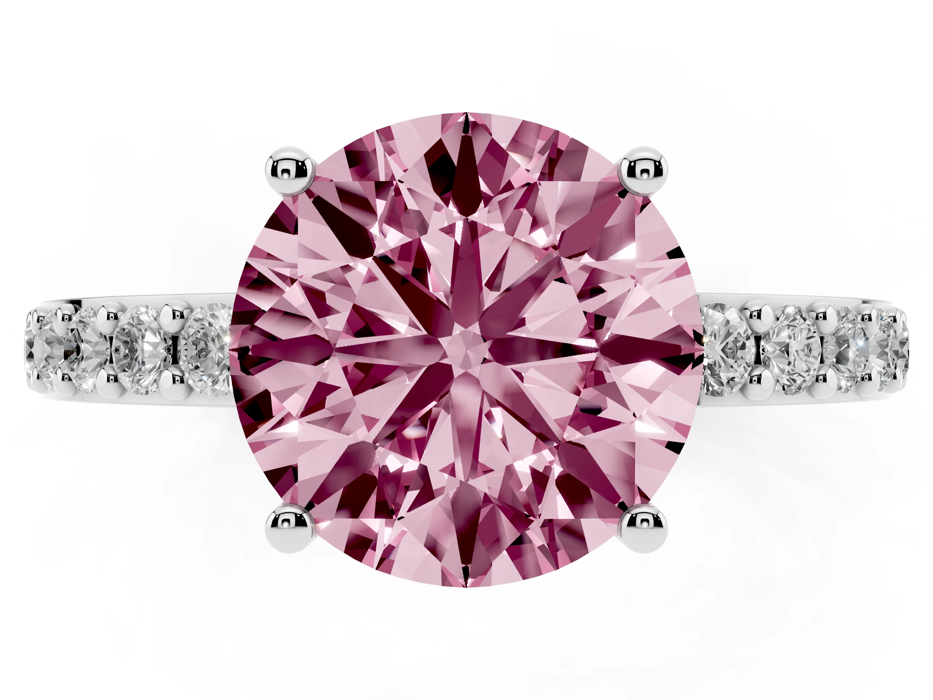 Fancy Pink Round Cut Diamond Solitaire Set in Platinum with Round Pavé Band and Prong Setting