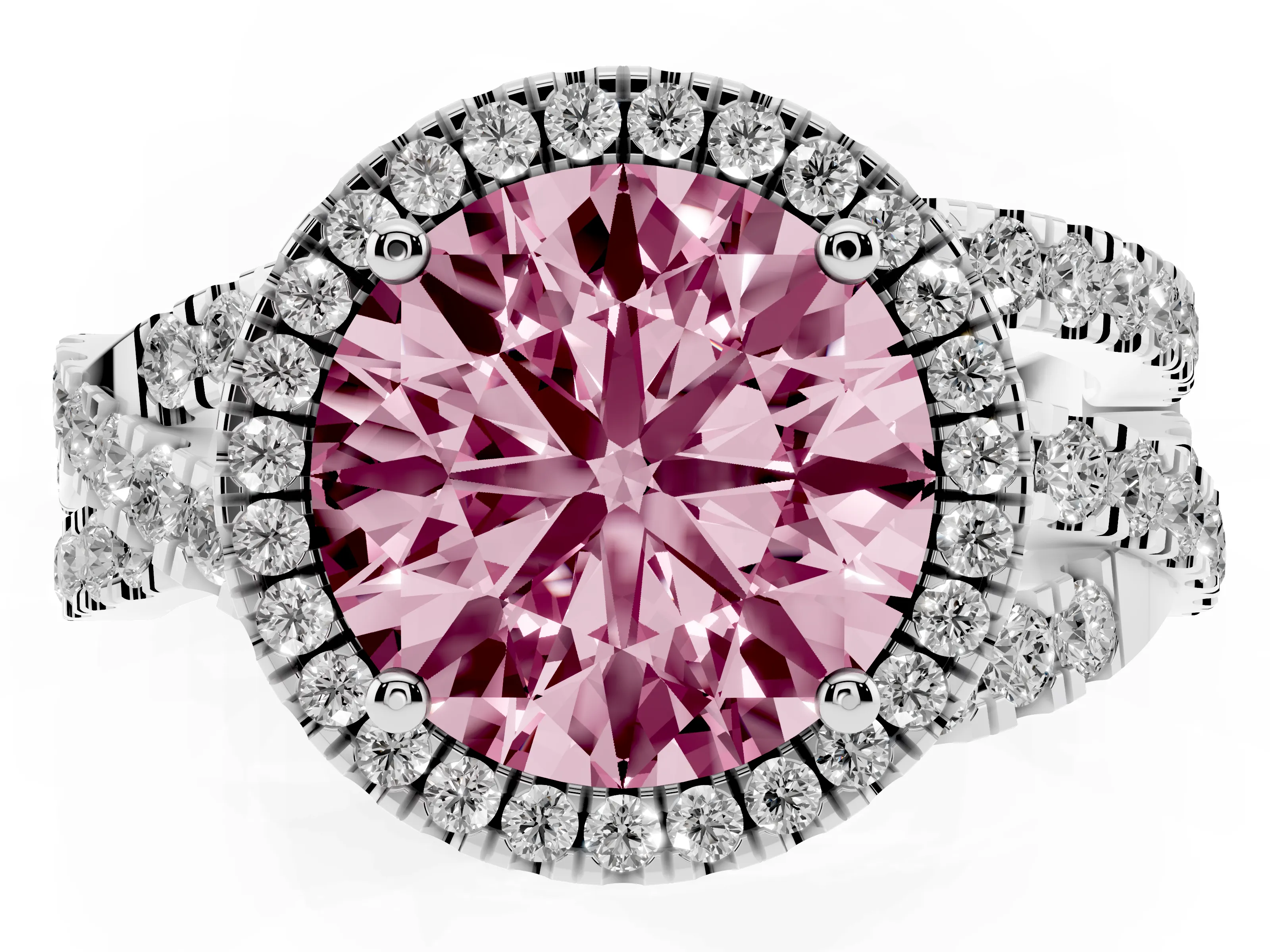 Fancy Pink Round Cut Diamond Halo Ring Set in Platinum with Round Crossover Split Shank and Prong Setting
