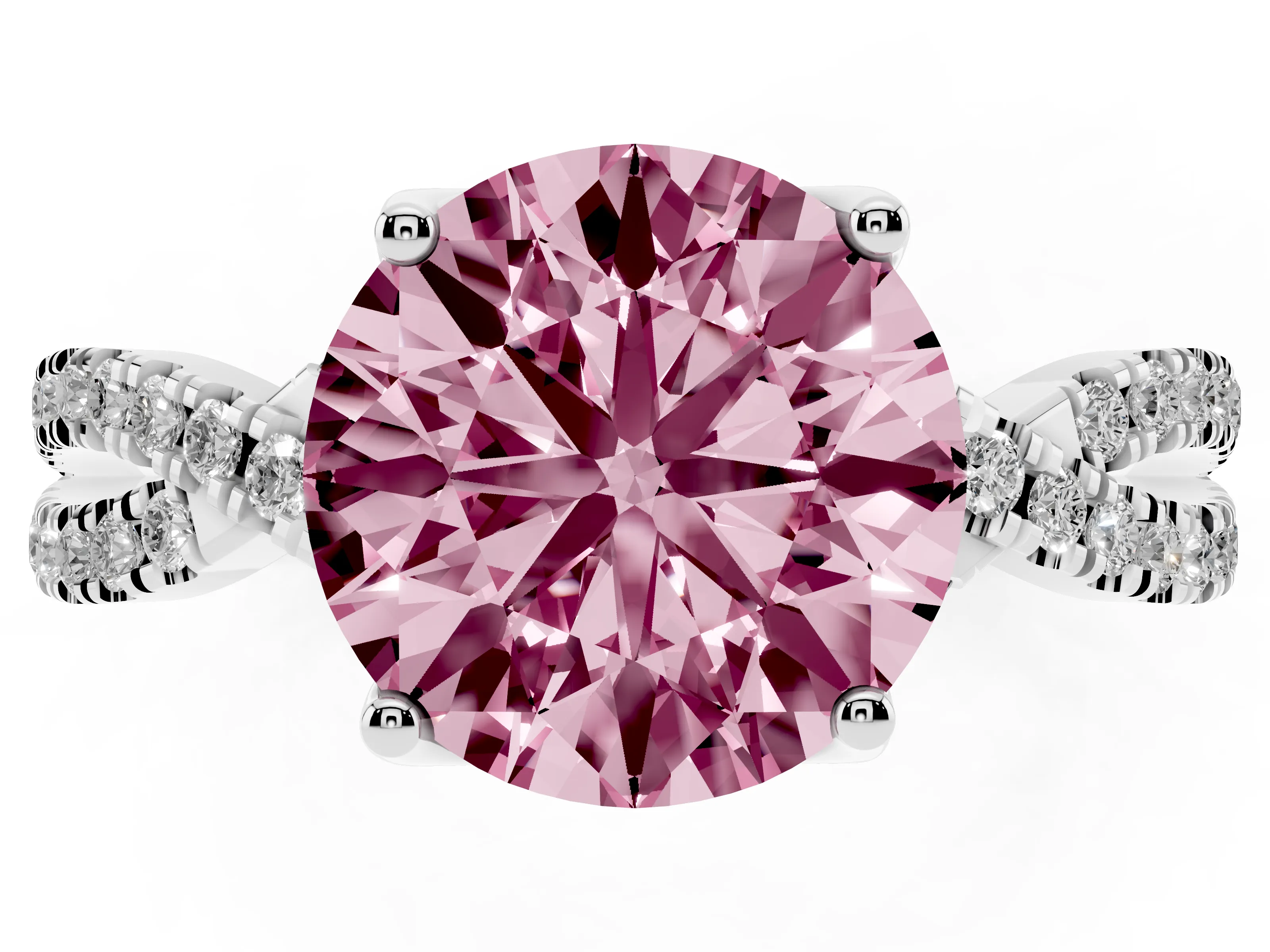 Fancy Pink Round Cut Diamond Twist Pavé Solitaire Engagement Ring Set in Silver with Prong Setting