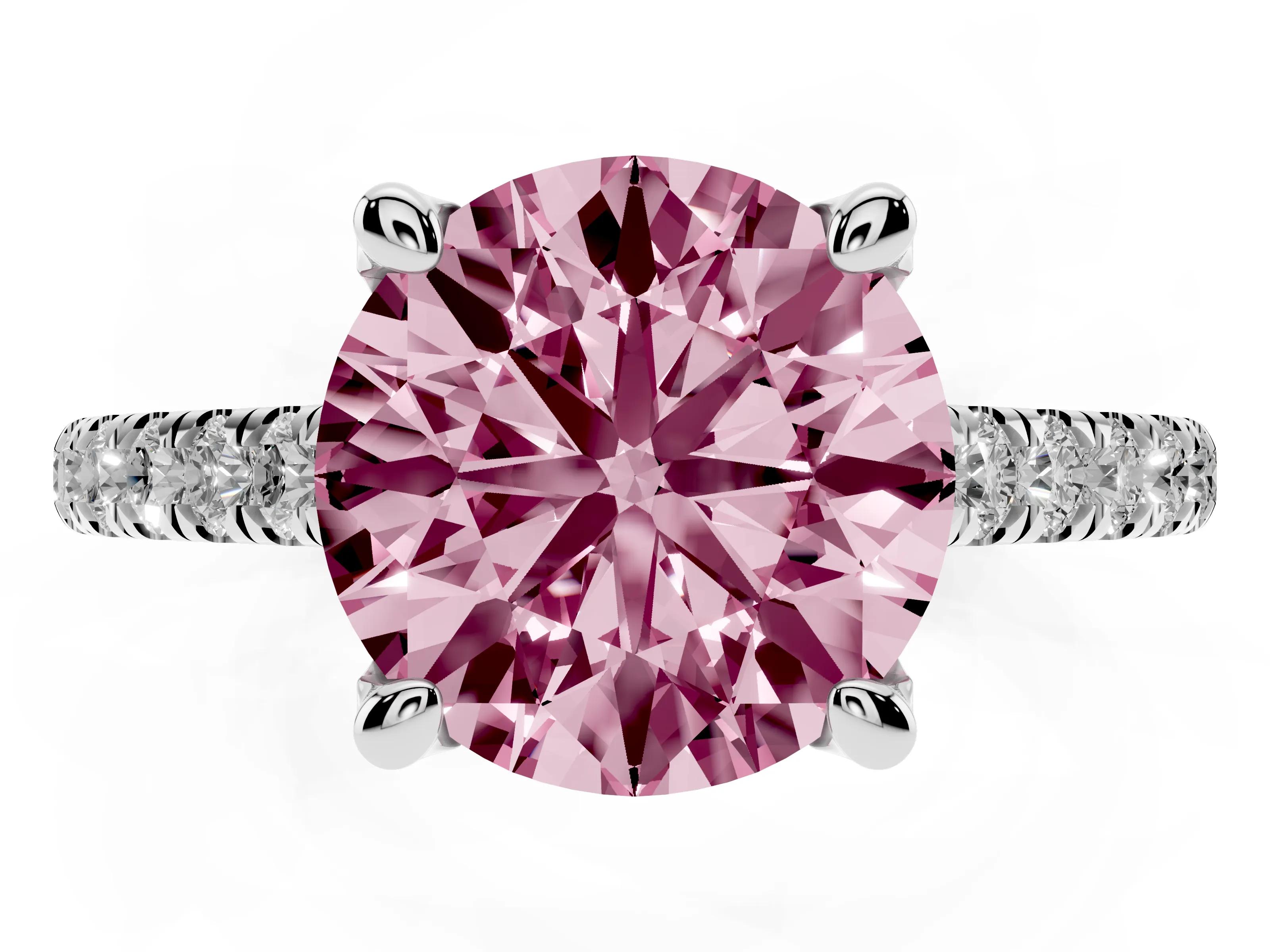 Fancy Pink Round Cut Diamond Solitaire Ring Set in Platinum with Brilliant Pavé Band and Prong Setting