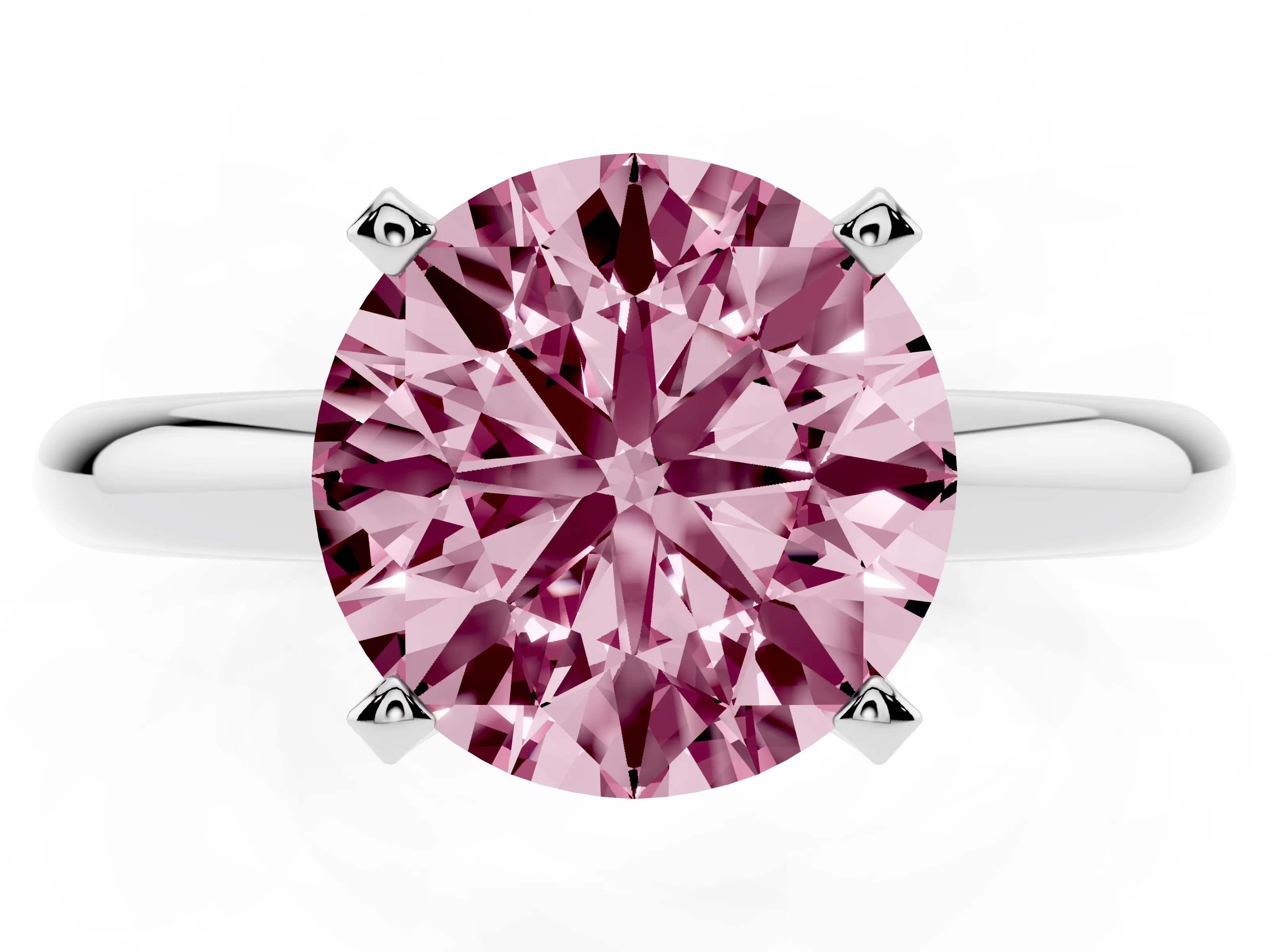 Fancy Pink Round Cut Diamond Solitaire Engagement Ring Set in Platinum with Round Band and Prong Setting