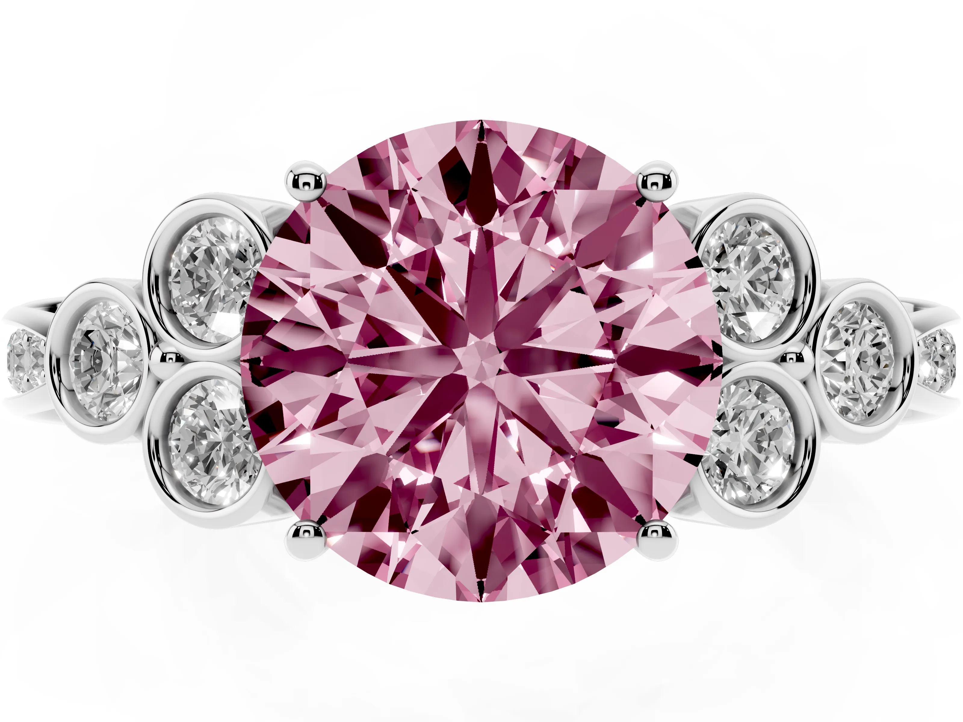 Fancy Pink Round Cut Diamond Engagement Ring Set in White gold with Bezel Set Round Side Stones and Prong Setting