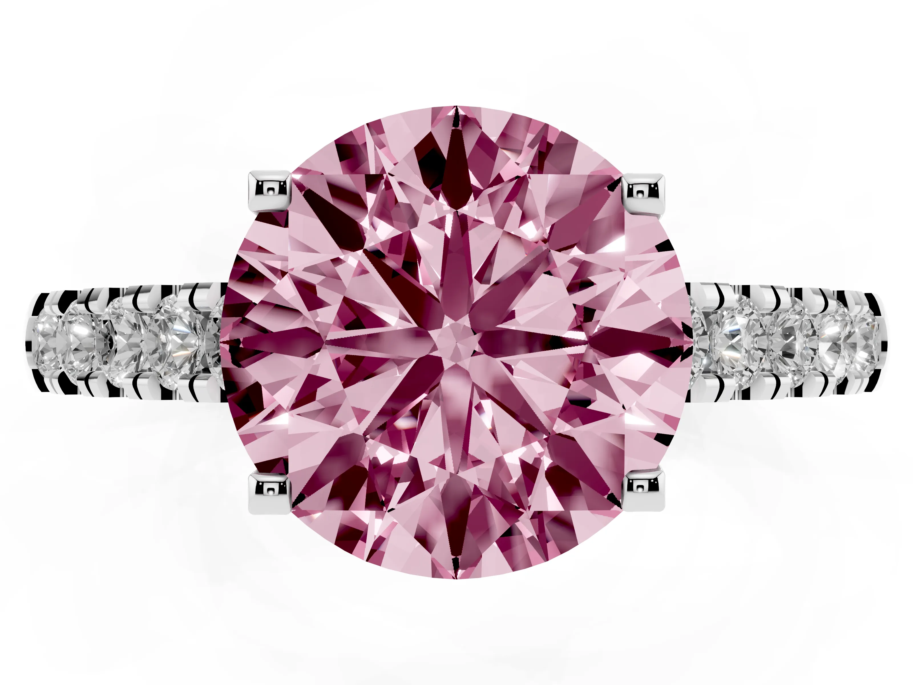 Fancy Pink Round Cut Diamond Pavé Band Solitaire Ring Set in Platinum with Partway Accent Stones and Prong Setting