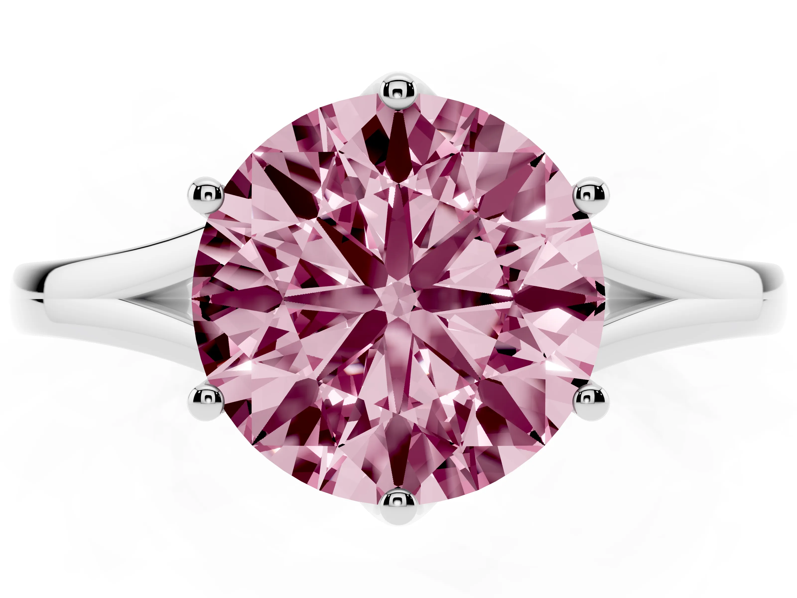 Fancy Pink Round Cut Diamond Solitaire Ring Set in Silver with Polished Tapered Band and Prong Setting