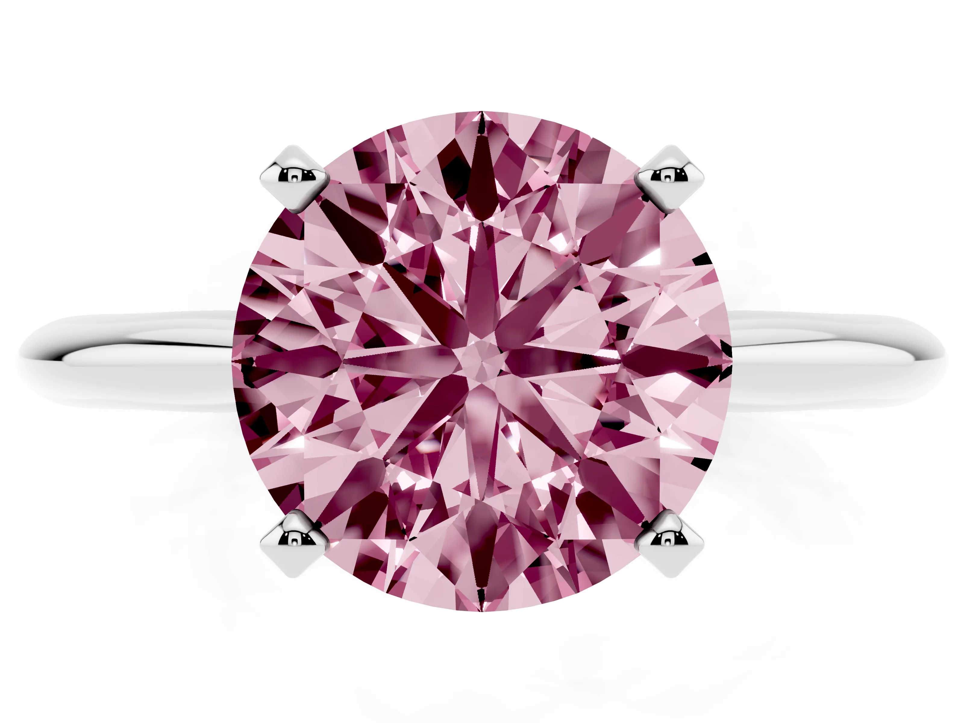 Fancy Pink Round Cut Diamond Solitaire Ring Set in Platinum with Prong Setting on a Plain Round Band