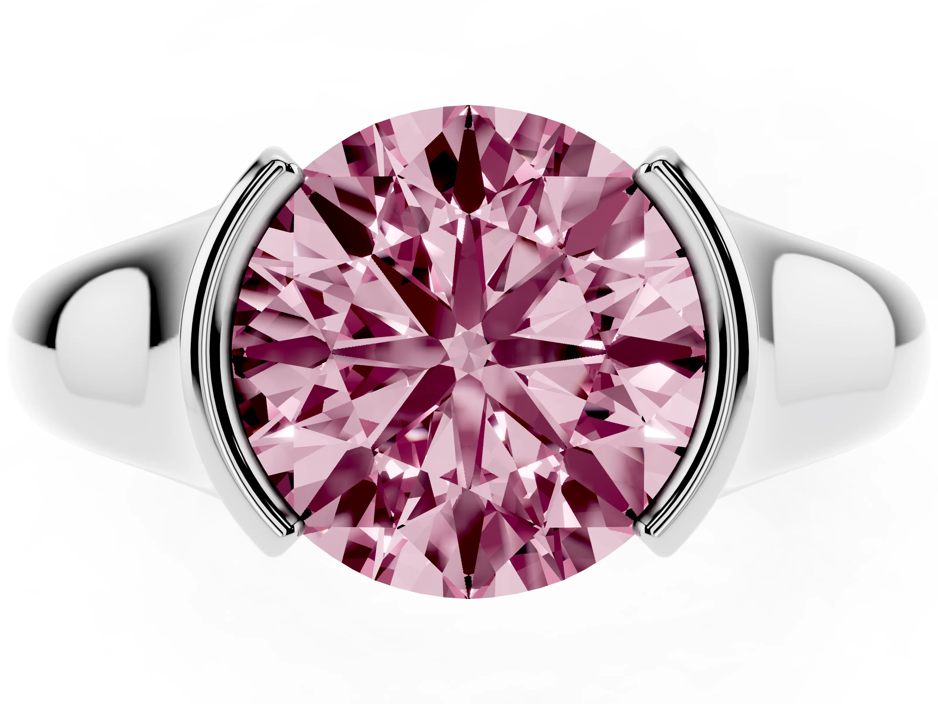 Fancy Pink Round Cut Diamond Solitaire Tension Set Ring Set in Platinum with Split Shank Band