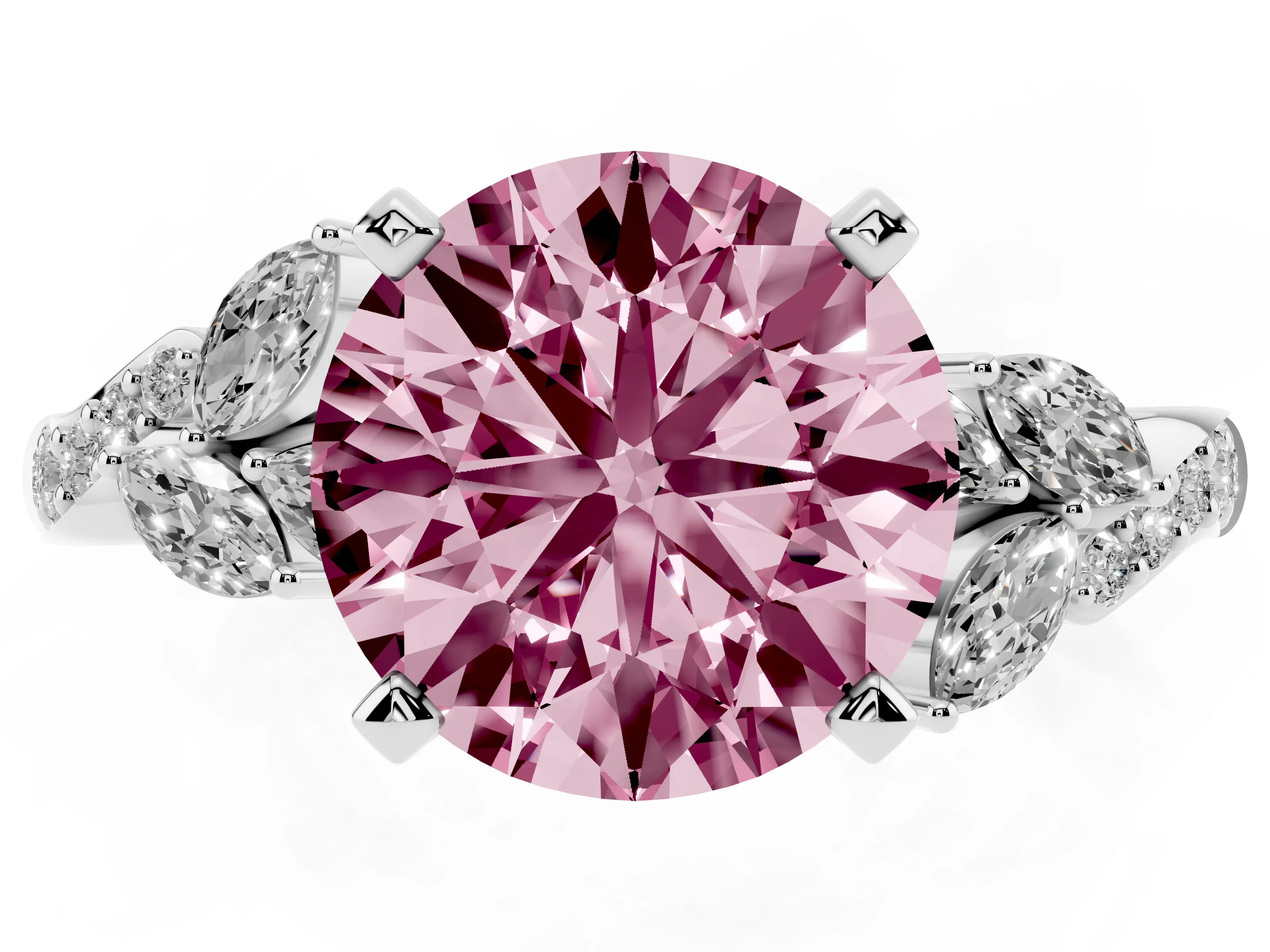 Fancy Pink Round Cut Diamond Solitaire Ring Set in Silver with Marquise Twist Band and Prong Setting