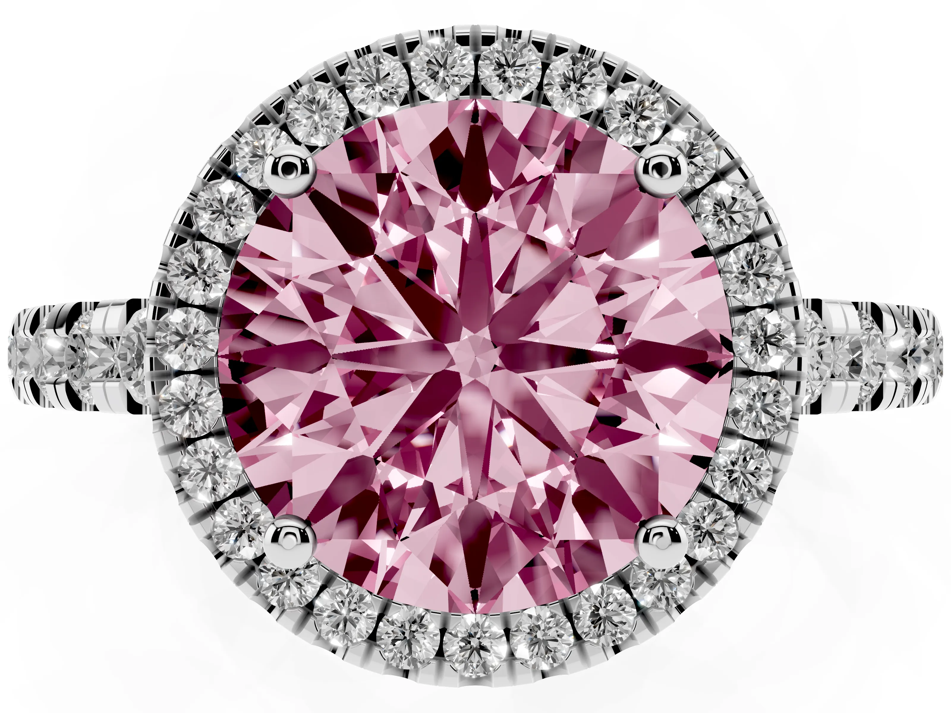 Fancy Pink Round Cut Diamond Halo Ring Set in Platinum with Delicate Pavé Band and Prong Setting