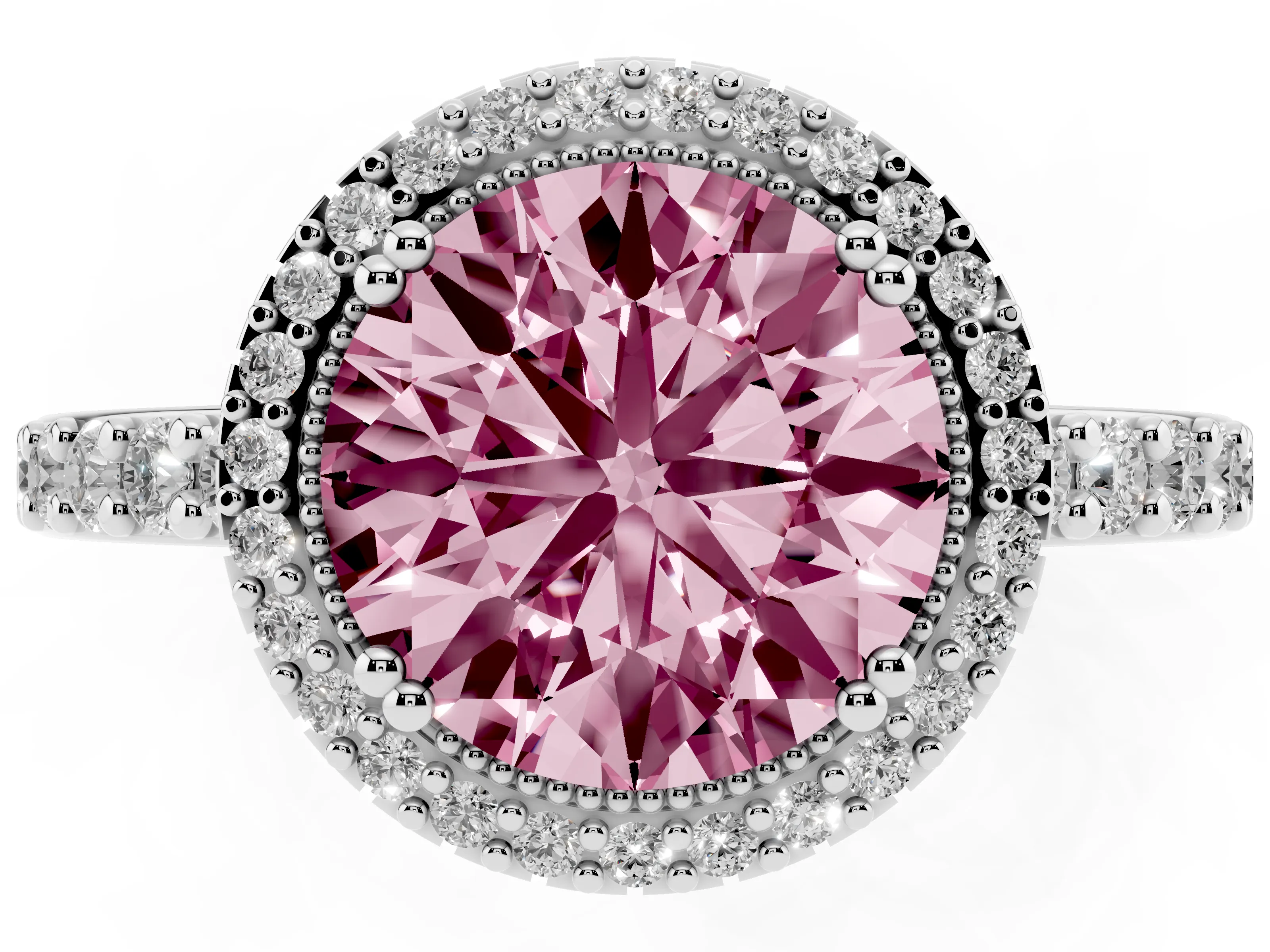 Fancy Pink Round Cut Diamond Halo Engagement Ring Set in White gold with Milgrain Detail and Pavé Band