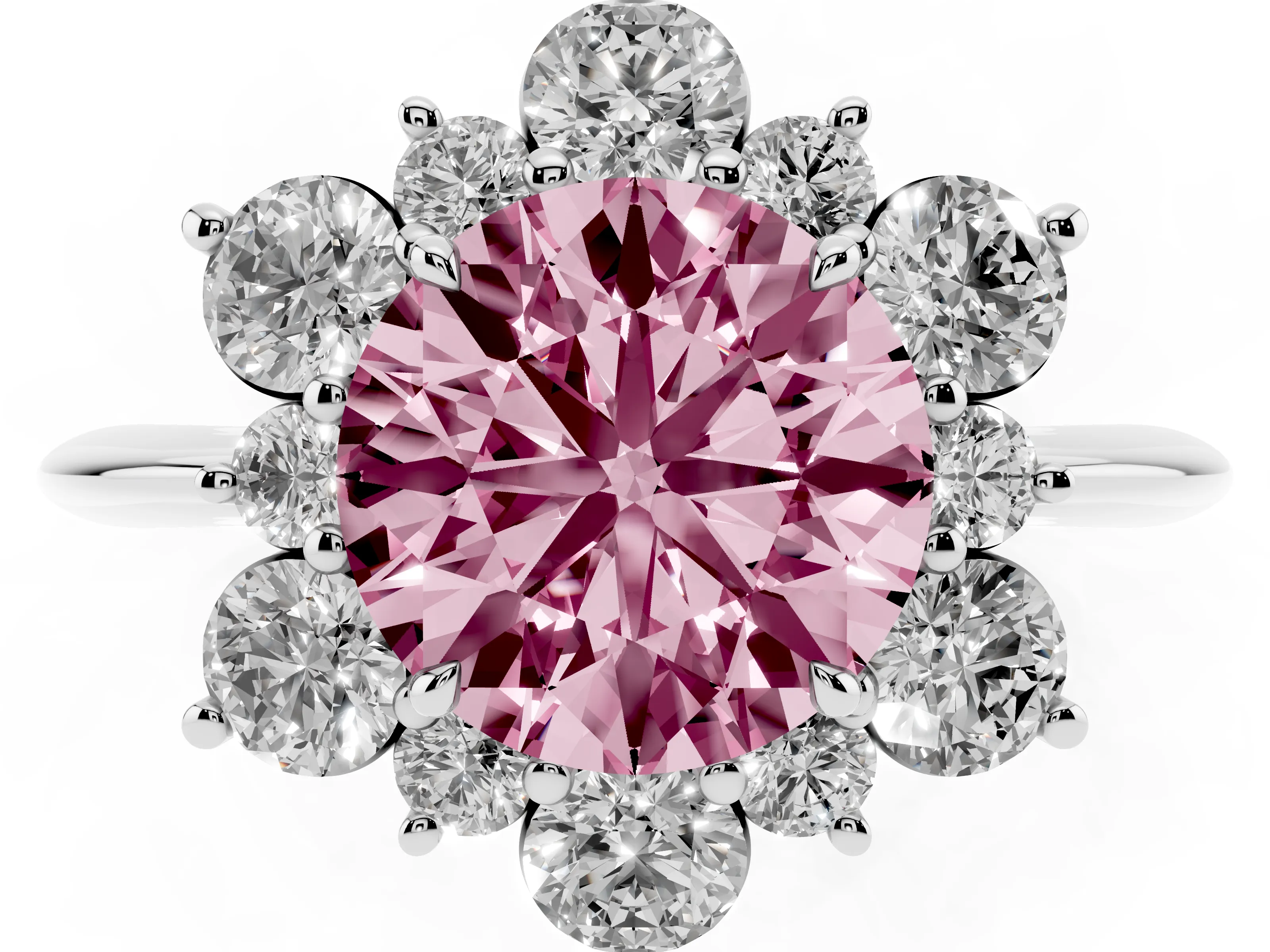 Fancy Pink Round Cut Diamond Cluster Halo Ring Set in White gold with Solitaire Band and Prong Setting