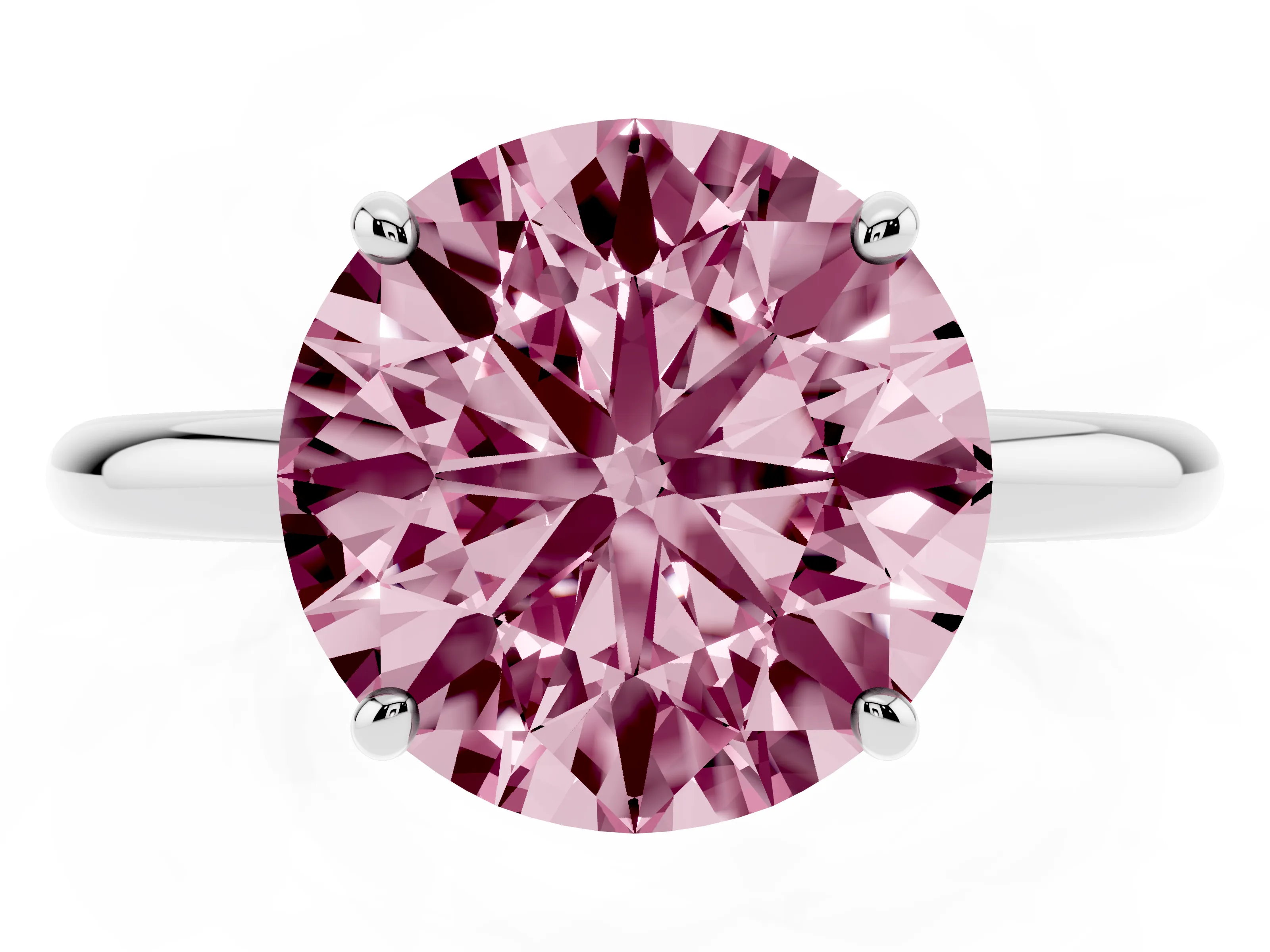 Fancy Pink Round Cut Diamond Solitaire Ring Set in Platinum with Prong Setting on a Polished Plain Band