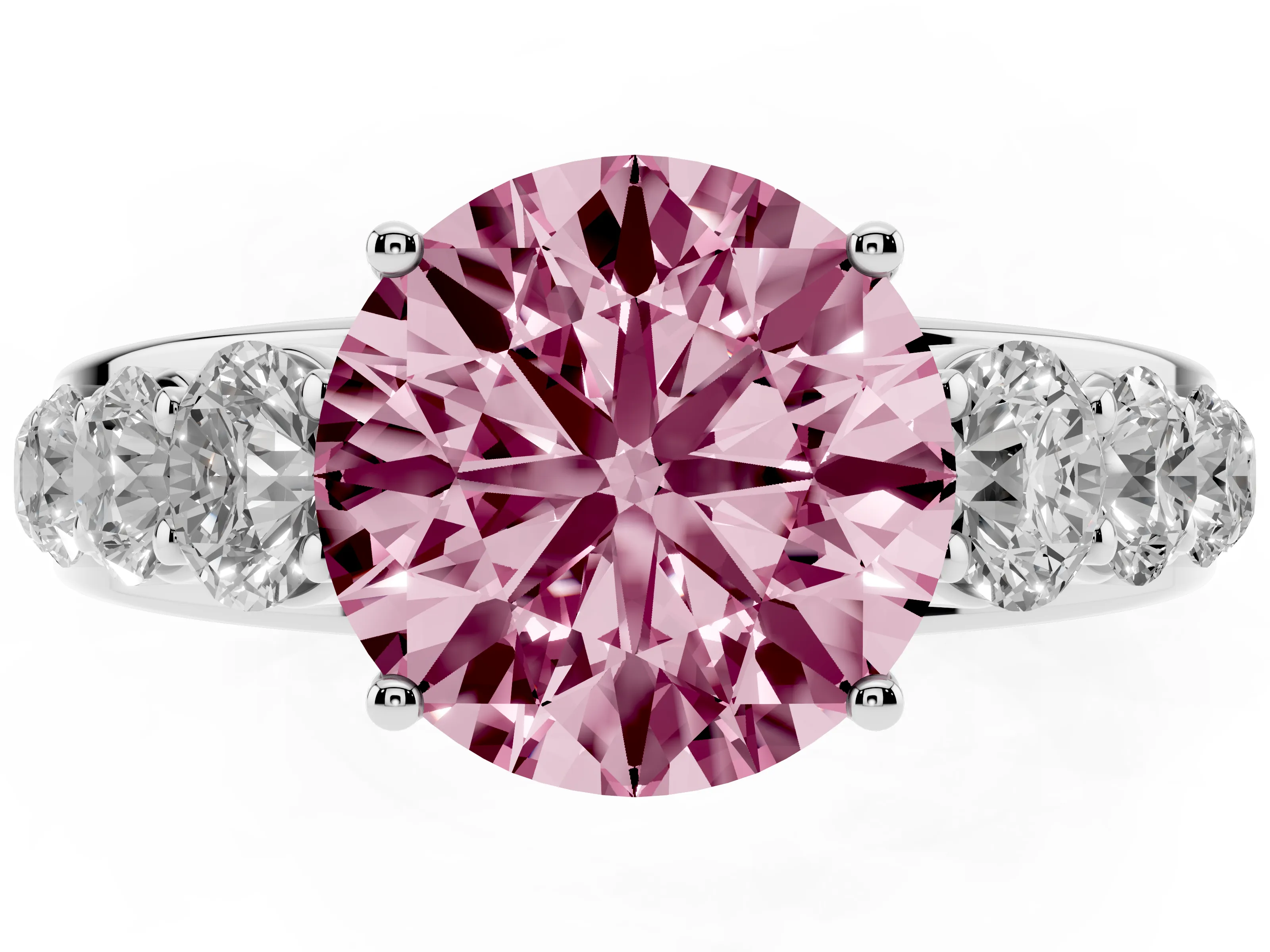 Fancy Pink Round Cut Diamond Solitaire Ring Set in White gold with Pavé-Set Band and Prong Setting