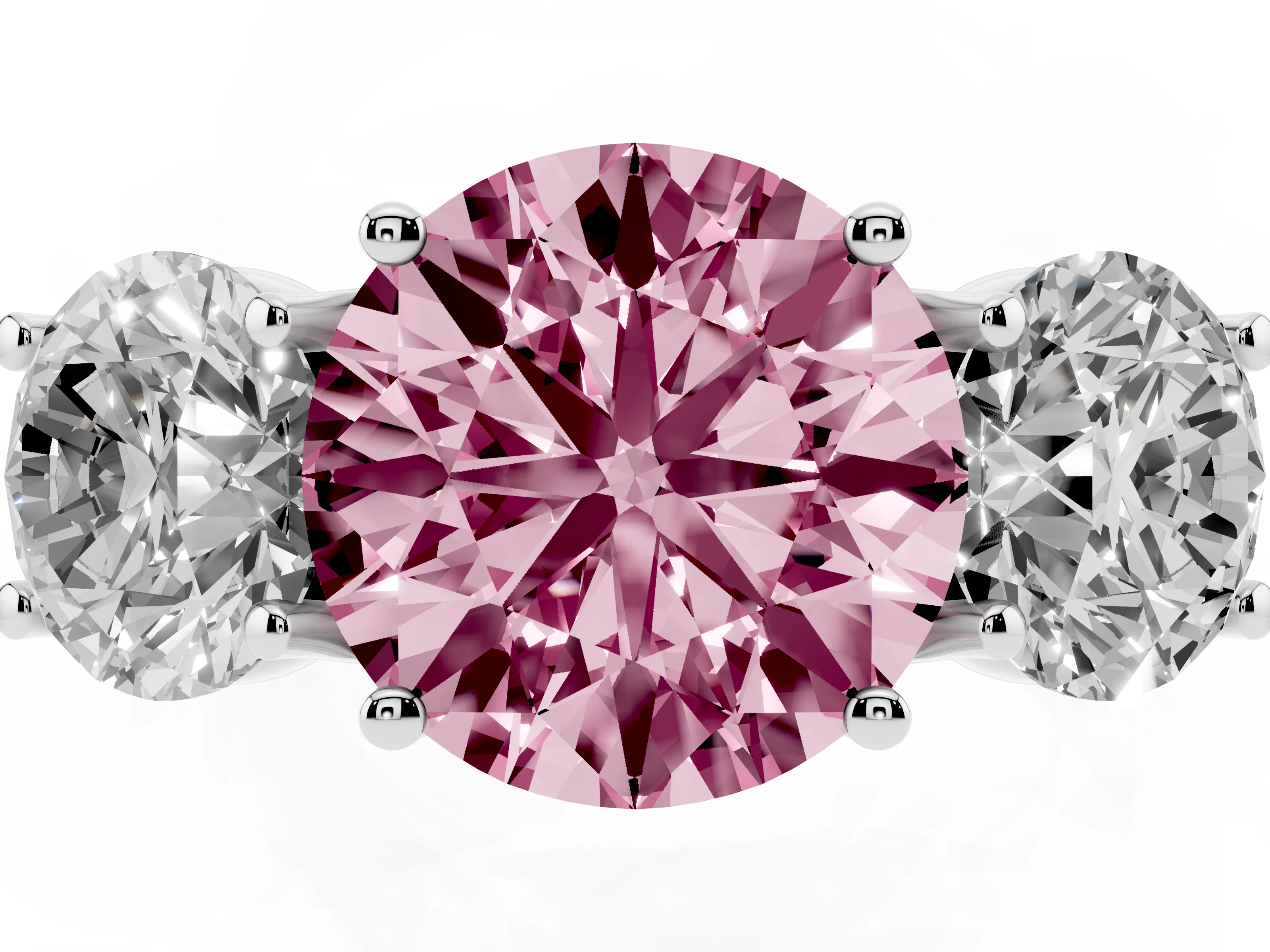 Fancy Pink Round Cut Diamond Three-Stone Ring Set in Silver with Pavé Band