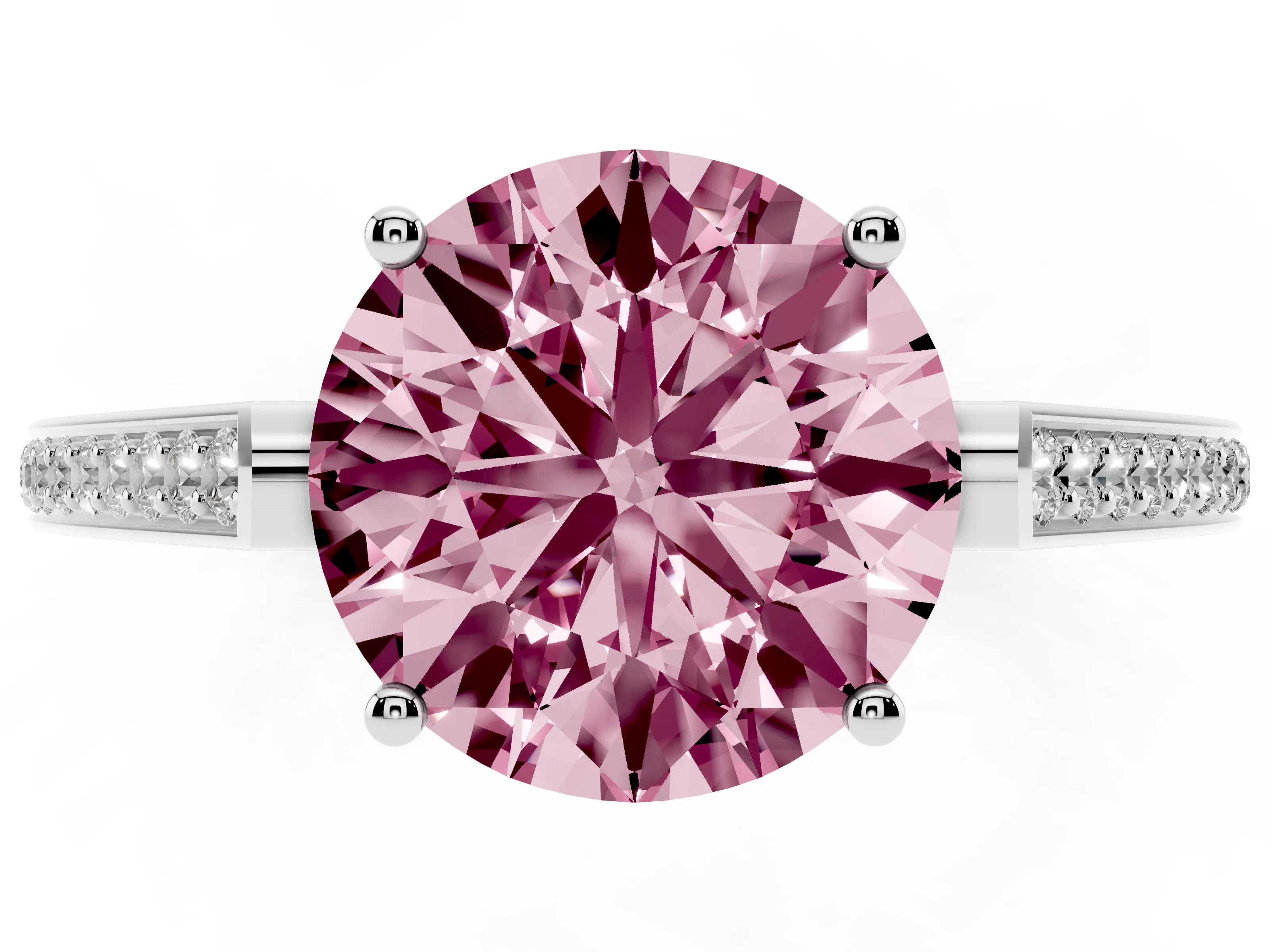 Fancy Pink Round Cut Diamond Cathedral Pavé Engagement Ring Set in Silver with Prong Setting